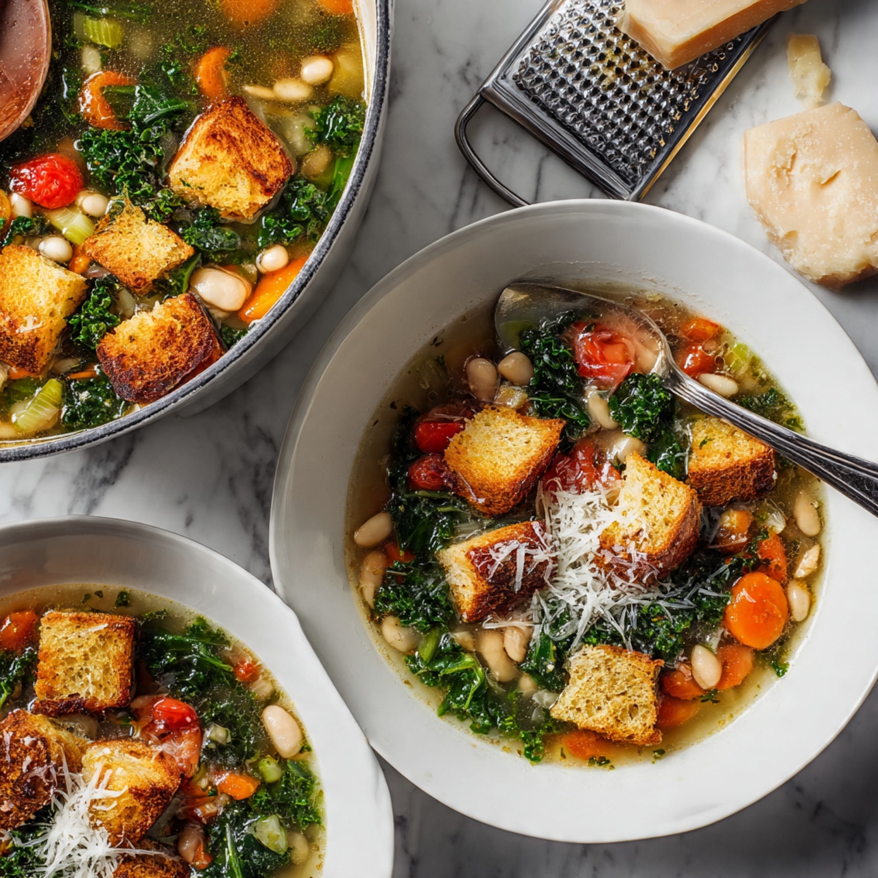A white pot with yellow handles is filled with a chunky soup. Inside, large pieces of toasted bread with a golden brown crust float on top over a mix of bright orange carrot cubes, dark green kale leaves, white beans, and soft cooked tomatoes in a light broth. Some pieces of bread show airy holes and a soft texture inside. A silver ladle resting in the pot lifts some of the soup showing the layers of vegetables and bread clearly. The pot sits on a white marbled surface with a white and black striped cloth nearby. photo taken with an iphone --ar 4:5 --v 7