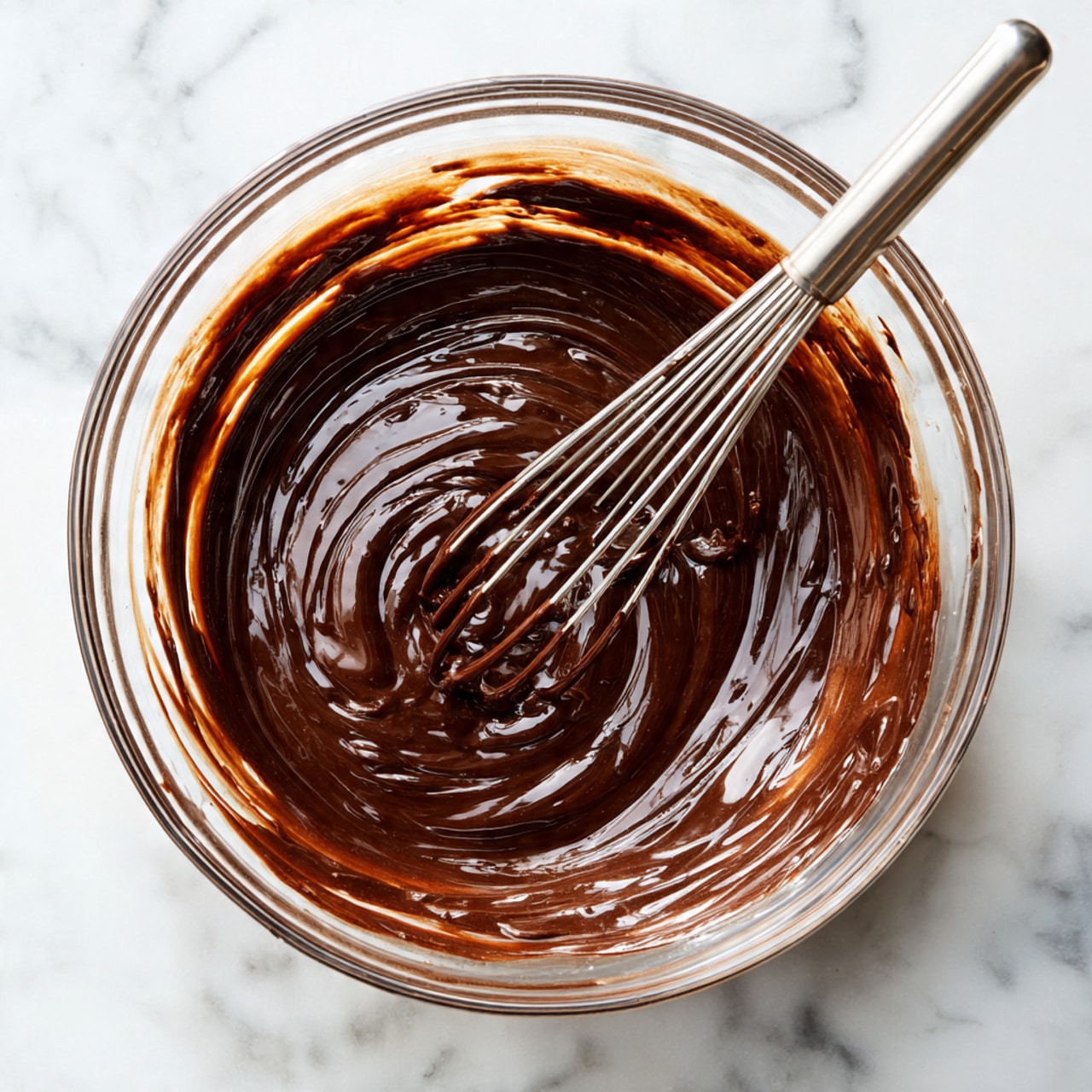 A clear glass bowl filled with thick, dark brown chocolate batter with a smooth and shiny texture. A metal whisk is partially dipped into the batter, lifting some and making swirling patterns on the surface. The bowl sits on a white marbled surface, softly reflecting light. photo taken with an iphone --ar 4:5 --v 7