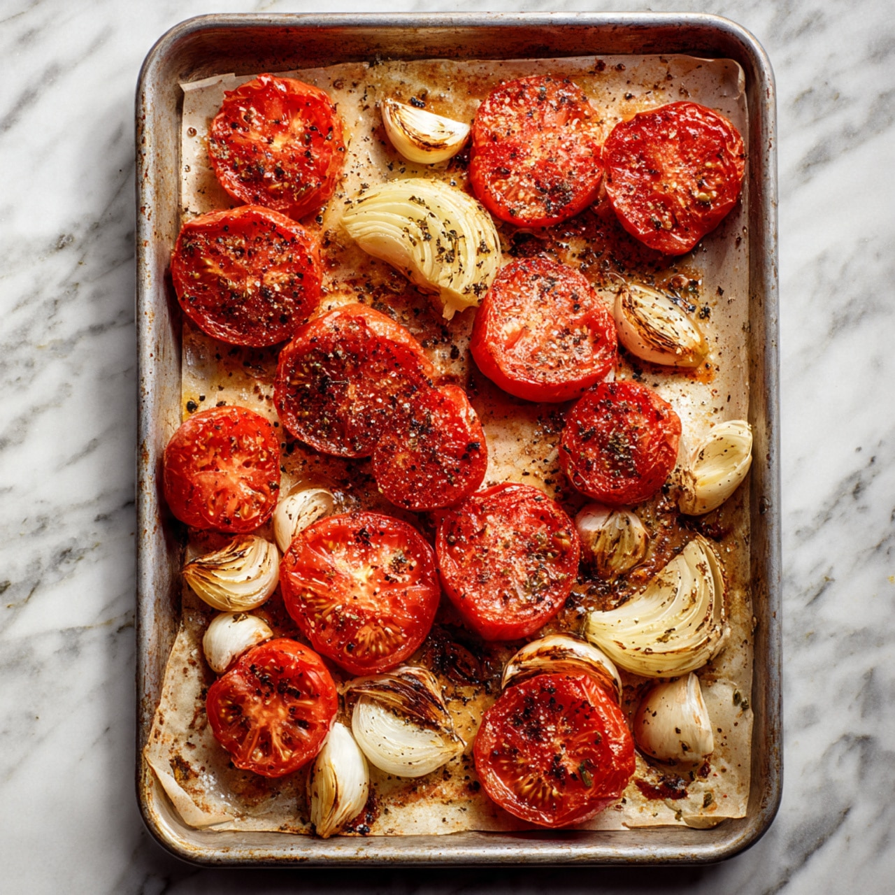 A metal baking tray holds several roasted tomato halves arranged evenly across the surface, each tomato deep red with a slight char on top, sprinkled with black pepper. Mixed between the tomato halves are soft, light golden onion wedges and whole roasted garlic cloves that have a slightly browned skin. The tray’s bottom is lined with parchment paper, showing some oily spots and small bits of char for a rustic feel. The background is a white marbled texture. photo taken with an iphone --ar 4:5 --v 7