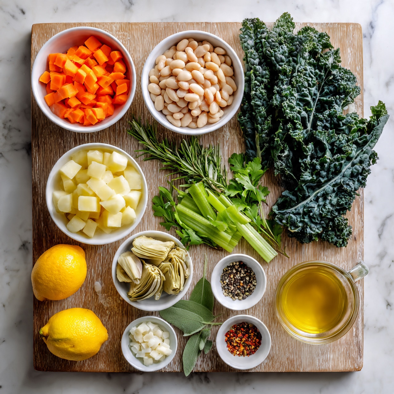 A wooden cutting board on a white marbled surface holds various cooking ingredients arranged in a neat layout: a small white bowl full of bright orange diced carrots at the top left, a bunch of dark green kale leaves spread next to it on the right, a white bowl filled with light beige cannellini beans at the top right corner, and a glass cup full of golden vegetable broth below the beans. On the board, there is a white bowl full of diced pale yellow potatoes at the bottom left, beside which are fresh green celery stalks and fresh green herbs including sage, rosemary, and basil leaves. Near the center, a small white bowl holds pale chopped onions, another white bowl contains artichoke pieces, and a tiny clear cup has olive oil. Scattered garlic cloves, a small bunch of parsley in a white bowl, two yellow lemons, and three small white dishes with salt, black pepper, and red pepper flakes sit on the white marbled surface around the cutting board. Photo taken with an iphone --ar 4:5 --v 7
