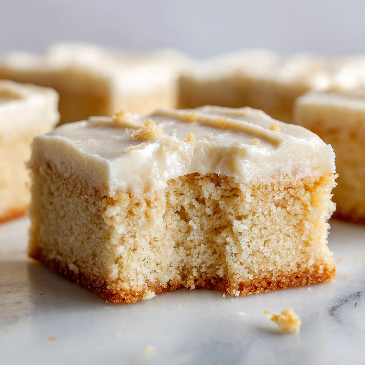 A close-up of a square vanilla bar with two visible layers: a thick pale golden crumbly base and a smooth creamy white frosting on top. The frosting is slightly uneven with a shiny texture. The square has a small bite taken from one corner, showing the soft inside. The background is a white marbled surface with a few scattered crumbs around the bar, and blurred out squares of the same bars in the back. Photo taken with an iphone --ar 4:5 --v 7