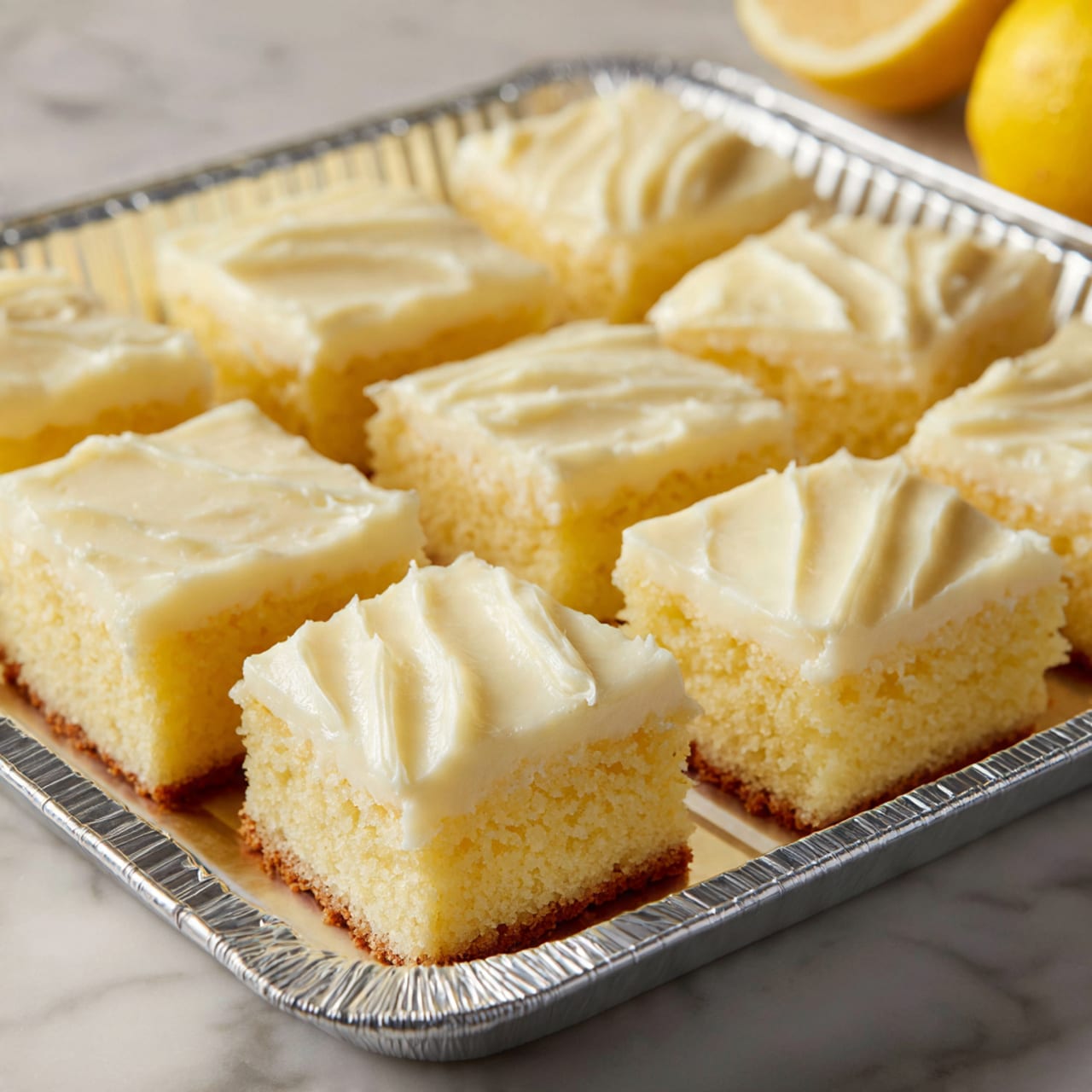 A close-up image shows a small square dessert held between a woman's hand's thumb and index finger. The dessert has two layers: the bottom layer is thick, crumbly, and light tan in color, resembling a shortbread base, while the top layer is smooth, creamy, and pale yellow, looking like a soft frosting or custard. The background displays several similar square pieces slightly blurred on a white marbled surface. Photo taken with an iphone --ar 4:5 --v 7