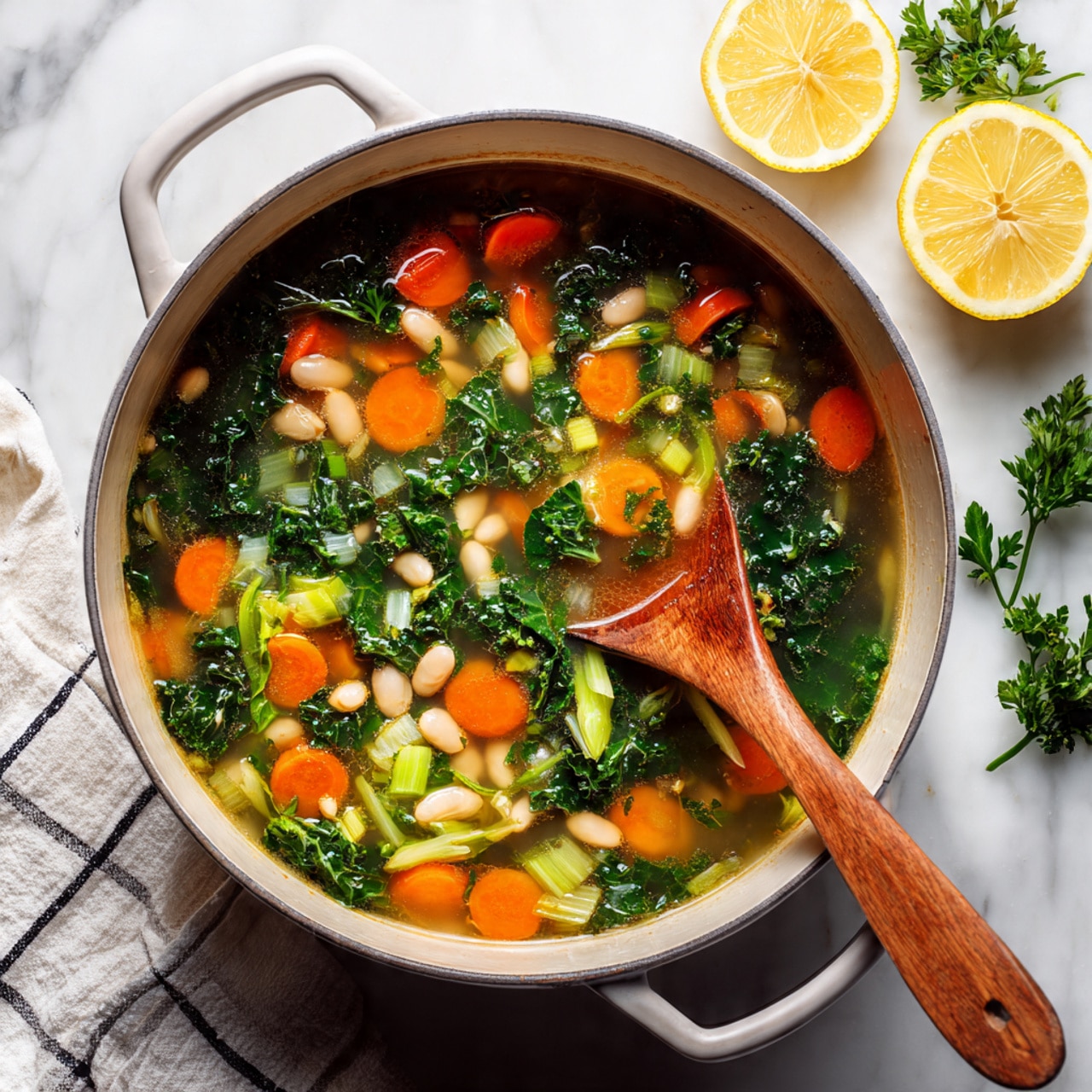 A white pot filled with clear broth soup showing multiple layers of ingredients: bright orange carrot pieces, dark green leafy kale, pale green celery slices, white beans, and light green onion strips, all mixed in a watery texture. A wooden spoon stirs the soup from the right side. The pot is placed on a white marbled surface next to two lemon halves and some green parsley leaves at the top right. A white towel with a dark grid pattern lies partly under the pot on the bottom left. Photo taken with an iphone --ar 4:5 --v 7