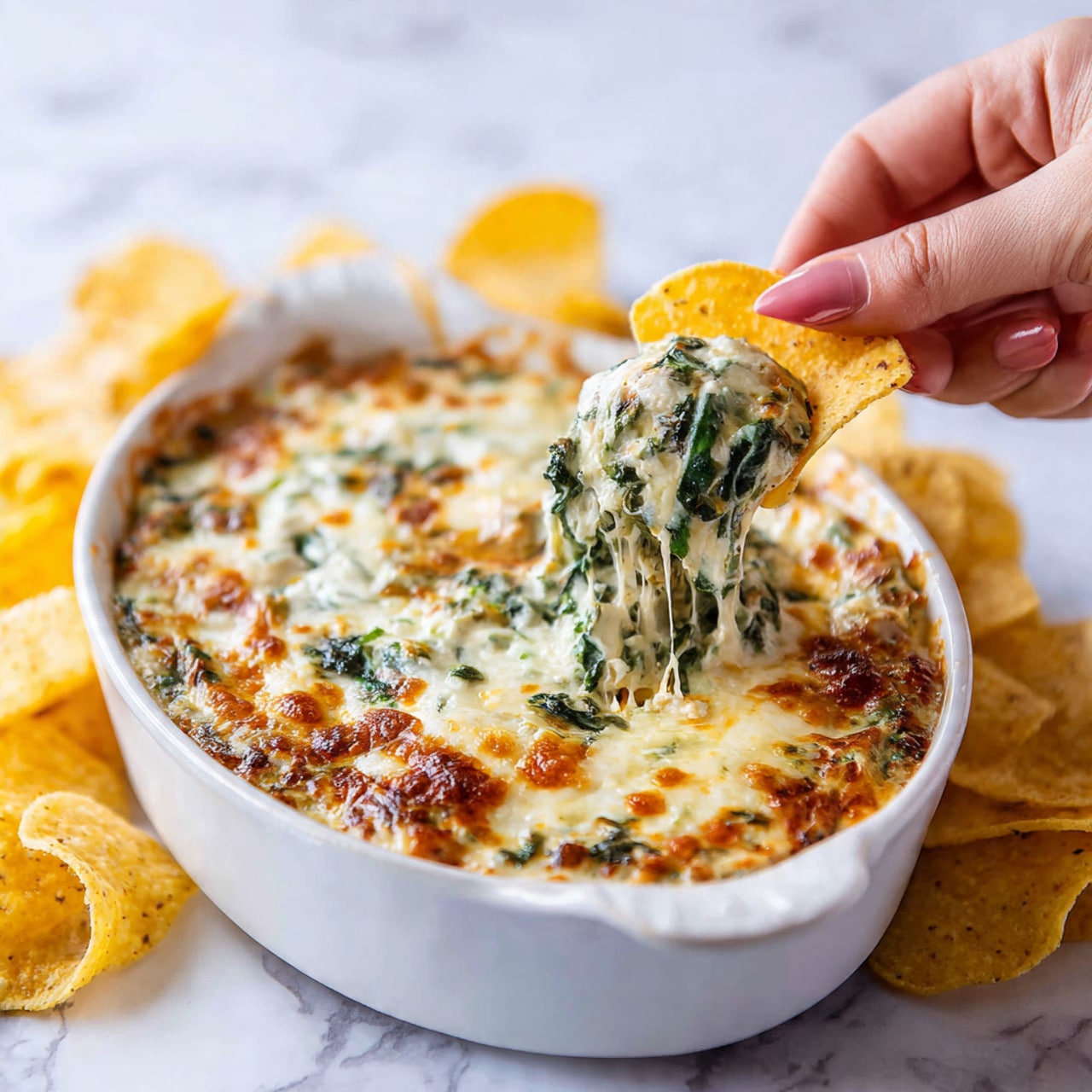 A white oval dish filled with a creamy spinach and artichoke dip, showing a textured, slightly browned top layer with green spinach leaves and pale, soft artichoke pieces mixed into a white, cheesy base. The dip sits on a white marbled surface, surrounded by golden yellow tortilla chips scattered loosely around the dish. A light grey cloth is partly visible at the top left corner. Photo taken with an iphone --ar 4:5 --v 7