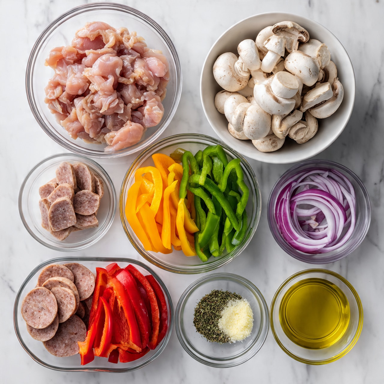 The image shows an overhead view of several clear glass bowls arranged on a white marbled surface. One large bowl at the top left is filled with raw pink chicken pieces, while next to it on the right is a white bowl full of whole white mushrooms with brown gills. Below are sliced bell peppers neatly lined up by color in a clear dish, with green, orange, red, and yellow strips from bottom to top. To the right of the peppers is a small clear bowl with thin slices of purple onion. Down and left, another clear bowl holds thick slices of sausage in a light brown color. On the right side of the image are six small clear bowls with different ingredients including chopped garlic, coarse salt, dried herbs, and a bowl with golden yellow oil at the bottom right. All items are arranged carefully with clear separation, creating a clean and organized look. Photo taken with an iphone --ar 4:5 --v 7