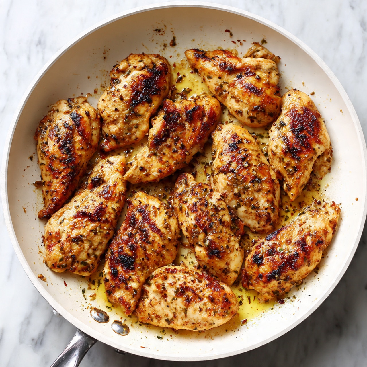 A white pan filled with eleven cooked chicken pieces arranged evenly inside. The chicken pieces have a golden brown and slightly charred surface, showing a seasoned and grilled texture with small blackened spots. The pan has some oil and browned bits scattered around the chicken, giving a cooked and juicy look. The pan handle is seen at the bottom, and the background is replaced with a white marbled texture. photo taken with an iphone --ar 4:5 --v 7