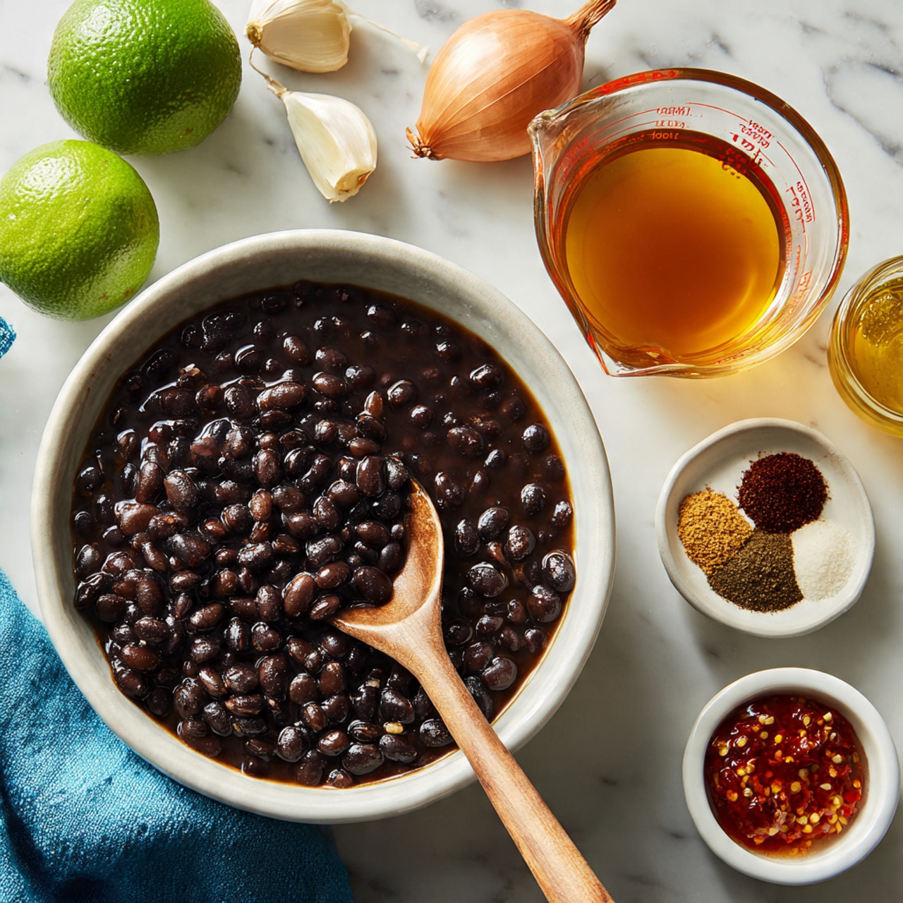 A white bowl filled with dark, shiny black beans in a thick liquid, with a pale wooden spoon resting inside. Above the bowl is a clear glass measuring cup with amber broth inside. Around the bowl, on a white marbled texture, are two green limes, a whole light brown onion, three cloves of garlic, one green chili, a small white dish holding three different spices in separate sections (dark brown, reddish-brown, and light brown), a small white bowl of red chili sauce with seeds shining in it, and a small clear jar of golden oil. A blue cloth napkin is softly crumpled on the left side. photo taken with an iphone --ar 4:5 --v 7