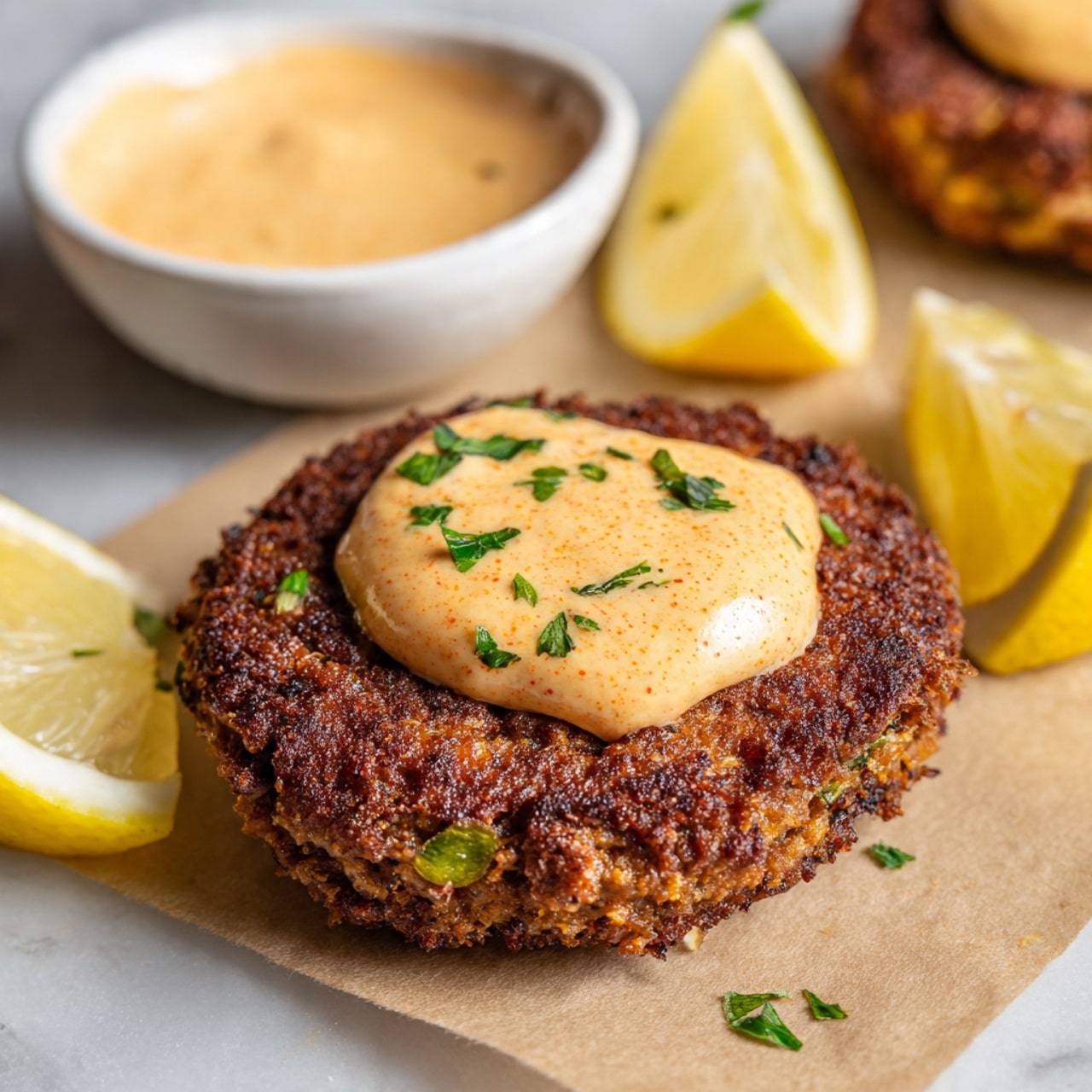 A close-up of a crispy, browned patty with a rough texture and small green herb pieces visible within. On top of the patty is a thick dollop of creamy, light orange sauce with specks of seasoning giving it a slightly textured look. The patty rests on a light tan paper-like surface scattered with small chopped green herbs. Around the patty are wedge-shaped bright yellow lemon slices with visible juicy texture. A white bowl filled with more of the light orange sauce is partly visible at the top left corner on a white marbled surface. Photo taken with an iphone --ar 4:5 --v 7