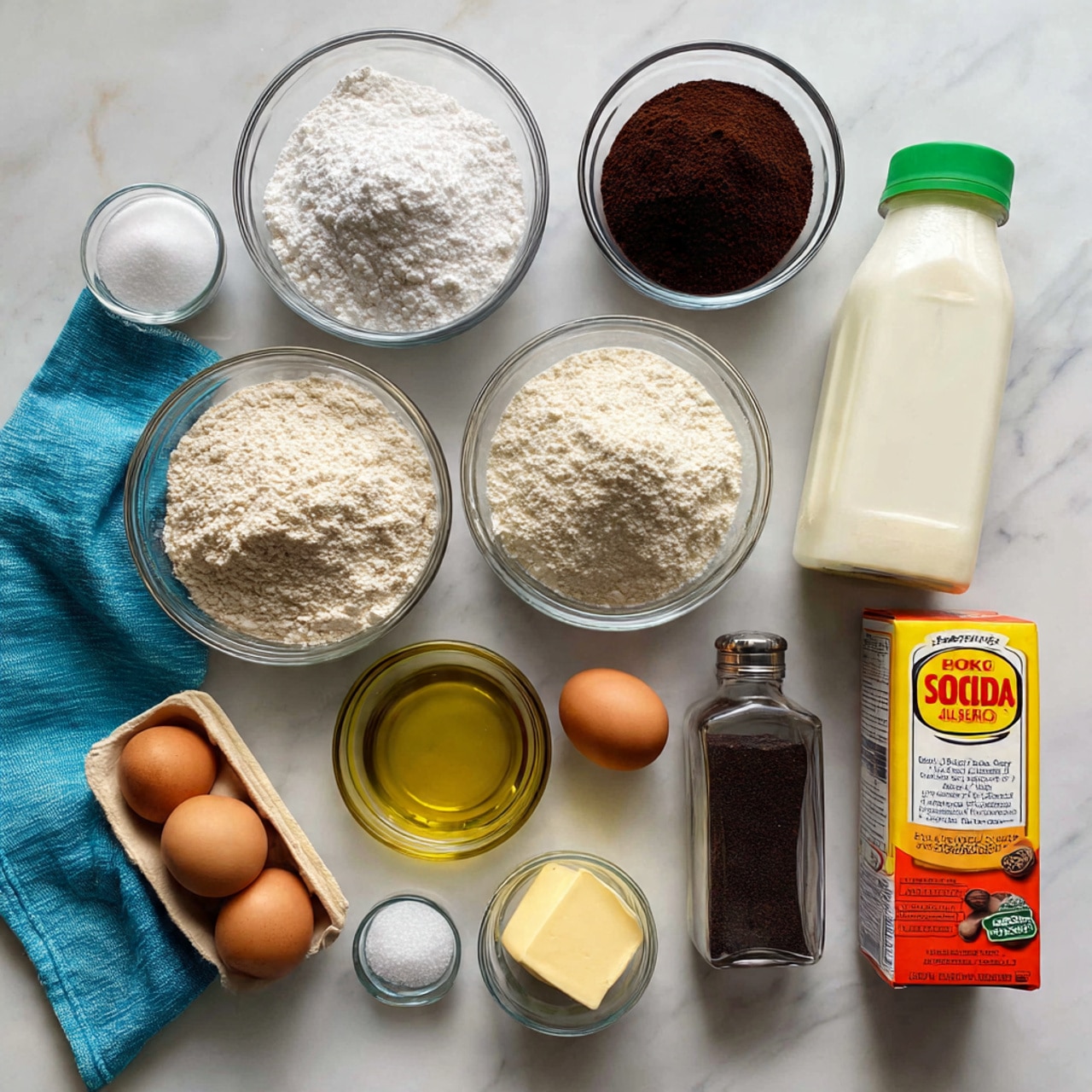 The image shows various baking ingredients arranged neatly on a white marbled surface. There are four clear glass bowls at the top containing white flour, brown sugar, white sugar, and dark brown cocoa powder. To the right, there is a box of baking soda with orange and red colors and a tall white plastic bottle of buttermilk with a green cap. Below the glass bowls, there is a small clear glass bowl of vegetable oil, two brown eggs, a dark glass bottle labeled vanilla extract, a stick of butter wrapped in paper, a glass salt shaker, and a tiny glass bowl with dark brown coffee or chocolate powder. A turquoise blue cloth is placed to the left near the butter. The photo taken with an iphone --ar 4:5 --v 7