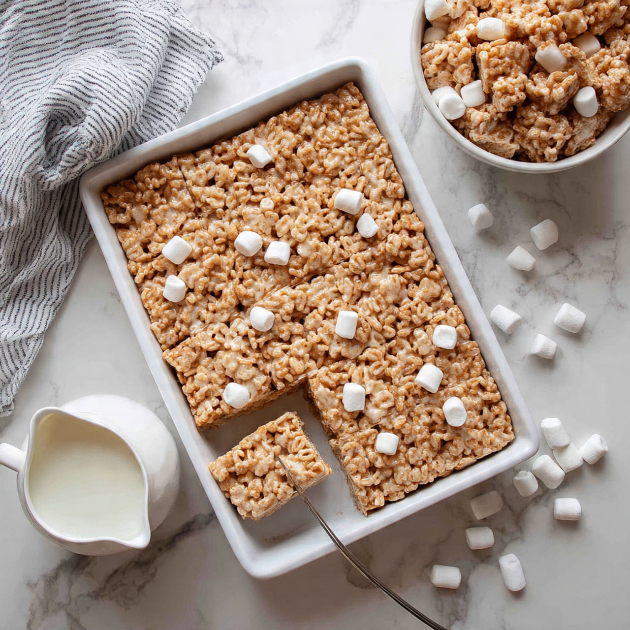 The image shows a close-up of a square-shaped dessert bar made of light brown crispy cereal pieces mixed tightly with melted marshmallows, giving it a sticky texture. Small white marshmallows are visible inside the bar. In the background, there is a white baking dish filled with more of the same dessert, blurred softly. The dessert sits on a white marbled surface, with a few loose mini marshmallows scattered near it. The focus is on the front dessert piece, showing its layered cereal and marshmallow texture in detail. Photo taken with an iphone --ar 4:5 --v 7