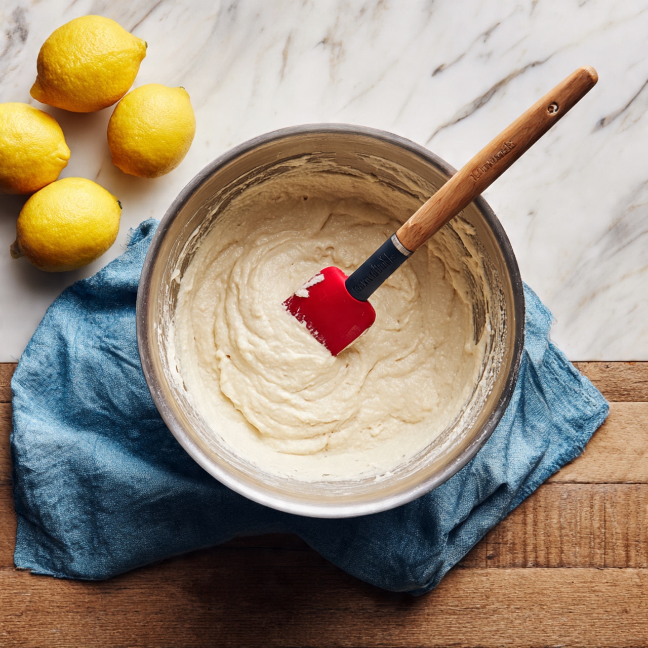A metal mixing bowl sits on a wooden surface with a white marbled texture, filled with a pale, creamy batter that has a smooth texture. A red spatula with a black handle is resting inside the bowl, slightly covered with the batter. Next to the bowl, there is a folded blue cloth and three yellow lemons partially in view on the white marbled surface. Photo taken with an iphone --ar 4:5 --v 7