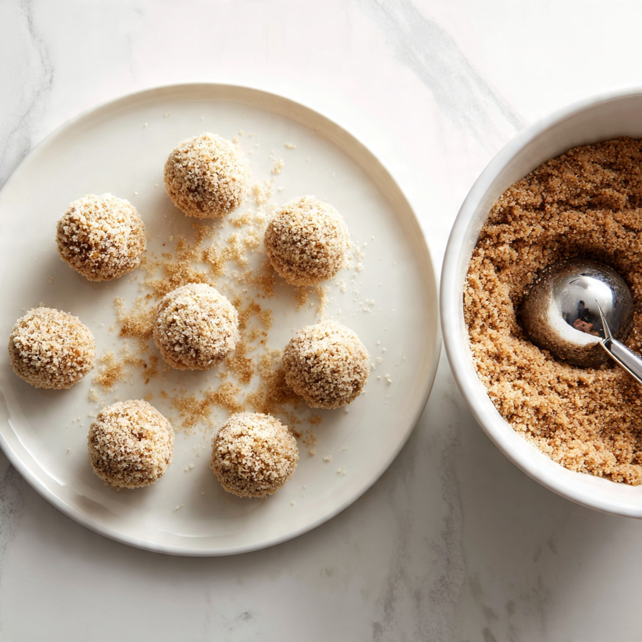 The image shows a white plate with eight round balls evenly spaced, each coated with a light breadcrumb layer giving a crumbly texture. On the right side, there is a white mixing bowl filled with a coarse, moist brown mixture that looks like a combination of ground ingredients, with a silver ice cream scoop partially buried in it. The background is a white marbled surface with slight gray and black patterns, adding a clean and simple look. photo taken with an iphone --ar 4:5 --v 7