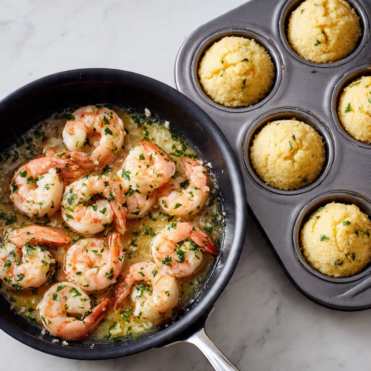 A black pan filled with cooked shrimp in a light garlic butter sauce with small green herb pieces, the shrimp are pink and slightly curled, evenly placed inside the pan. Next to it is a gray metal muffin tray holding several round, lightly browned cornbread muffins with a soft and crumbly texture, filling each cup. Both items sit on a white marbled surface. photo taken with an iphone --ar 4:5 --v 7