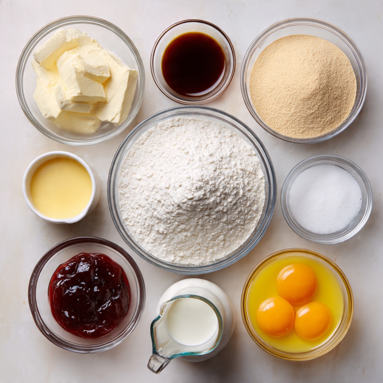 A flat top-down view of several clear glass bowls arranged on a white marbled surface, each holding different baking ingredients. At the center is a large bowl filled with white all-purpose flour. Surrounding it, going clockwise from top left, are a small bowl of light beige instant yeast, a small bowl of melted yellow butter, a small bowl with dark brown vanilla extract, a clear pitcher with white whole milk, a small bowl of white salt, a small bowl filled with light beige granulated sugar, a double egg yolk in a small clear bowl, a white egg, and a small bowl containing bright yellow custard and dark red jam. The ingredients are spaced evenly, the textures range from powdery to smooth and creamy. Photo taken with an iphone --ar 4:5 --v 7