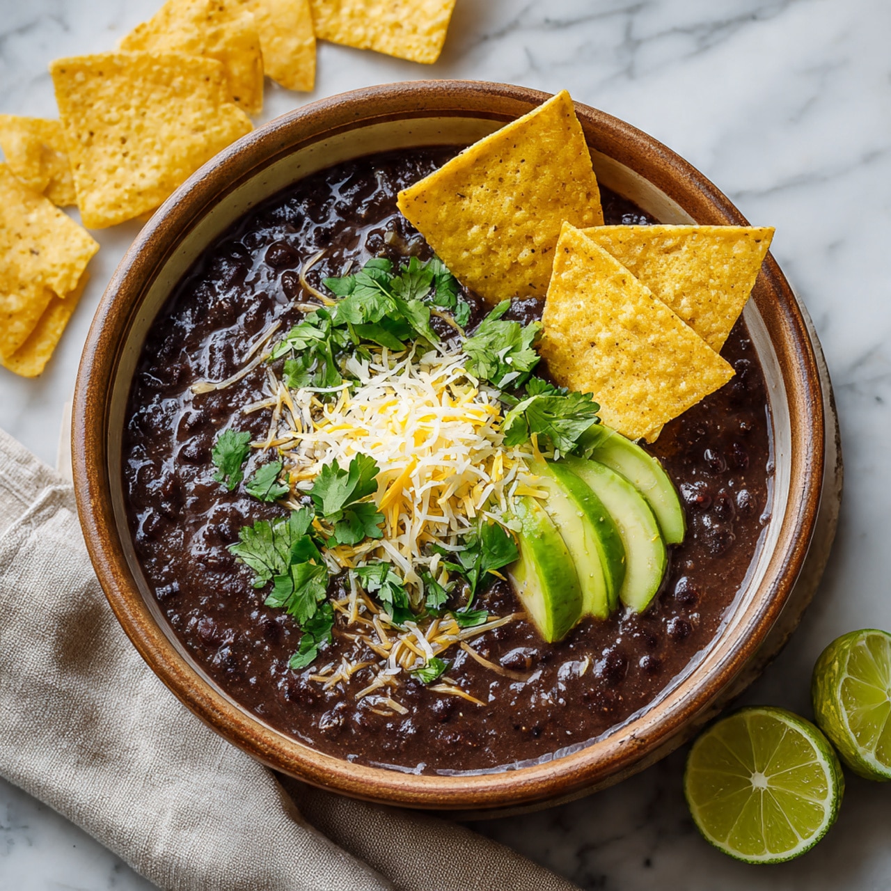 The image shows a close-up of a white bowl filled with thick black bean soup containing soft black beans, orange carrot chunks, and tender white onion pieces. The soup has a shiny, smooth, dark brown broth. On the side of the bowl, there are yellow crispy tortilla chips standing upright. Thin slices of light green avocado and bright green cilantro leaves are placed on top of the soup. A silver spoon is held above the bowl, lifting a spoonful of the chunky soup that displays black beans, carrots, and onions. The background is a white marbled surface with a small bowl holding a slice of lime. photo taken with an iphone --ar 4:5 --v 7