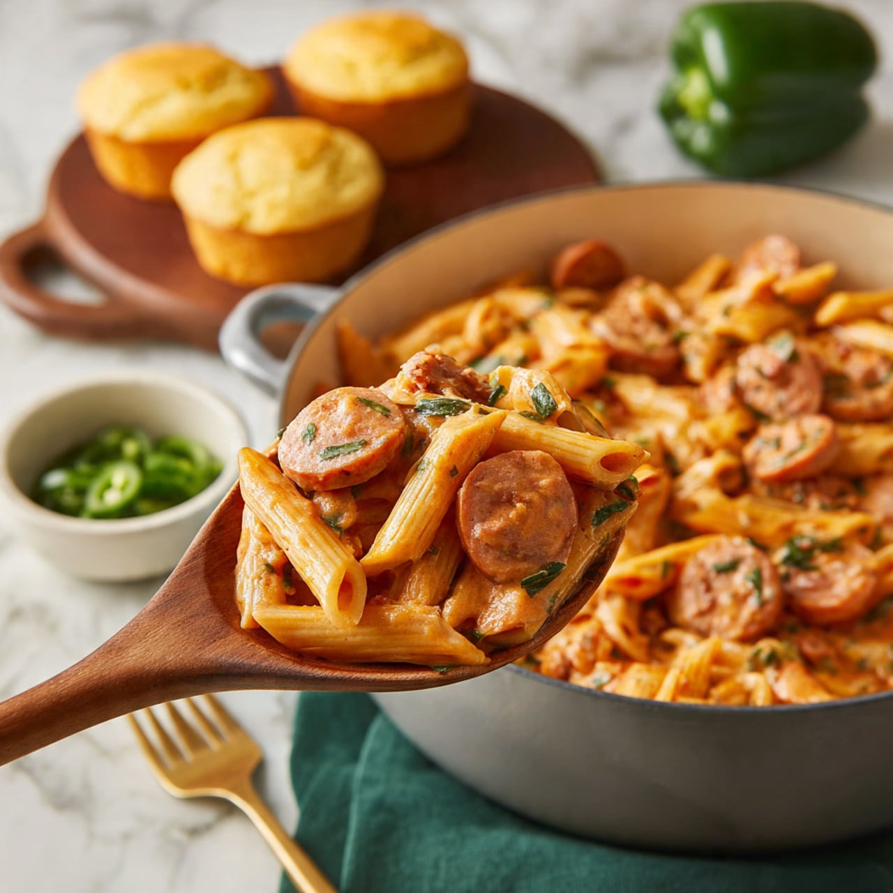A wooden spoon holds a close-up view of a creamy orange-red penne pasta mixed with sliced round pieces of sausage and small green herb bits. In the background, a large grey pot contains more of the pasta with the same creamy sauce and sausage pieces, showing layers of tubular pasta and round sausage slices. Around the pot on a white marbled surface are a green bell pepper, a whole onion, a bunch of celery, a small white bowl filled with chopped green peppers, and a round wooden board holding two golden baked cornbread muffins, with a green cloth and fork nearby. photo taken with an iphone --ar 4:5 --v 7
