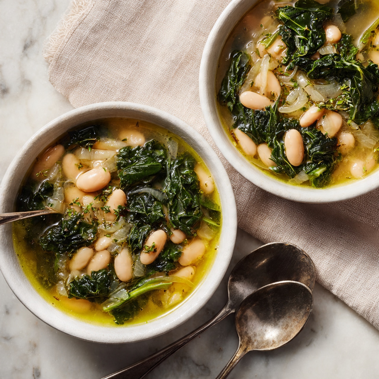 A white bowl filled with a clear yellow broth soup containing many white beans and scattered pieces of dark green leafy vegetables. The soup shows some small herbs and spices floating in the broth. A detailed silver spoon is placed inside the bowl on the right side, resting against the edge. The bowl is sitting on a white marbled textured surface with a soft cloth underneath. photo taken with an iphone --ar 4:5 --v 7