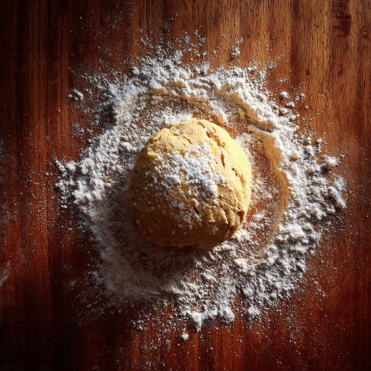 A ball of light brown dough sits in the center of a dark brown wooden surface scattered unevenly with white flour, creating a rough circular pattern around the dough. The dough has soft folds and a slightly rough texture. The background is wood grain with warm tones. Photo taken with an iphone --ar 4:5 --v 7