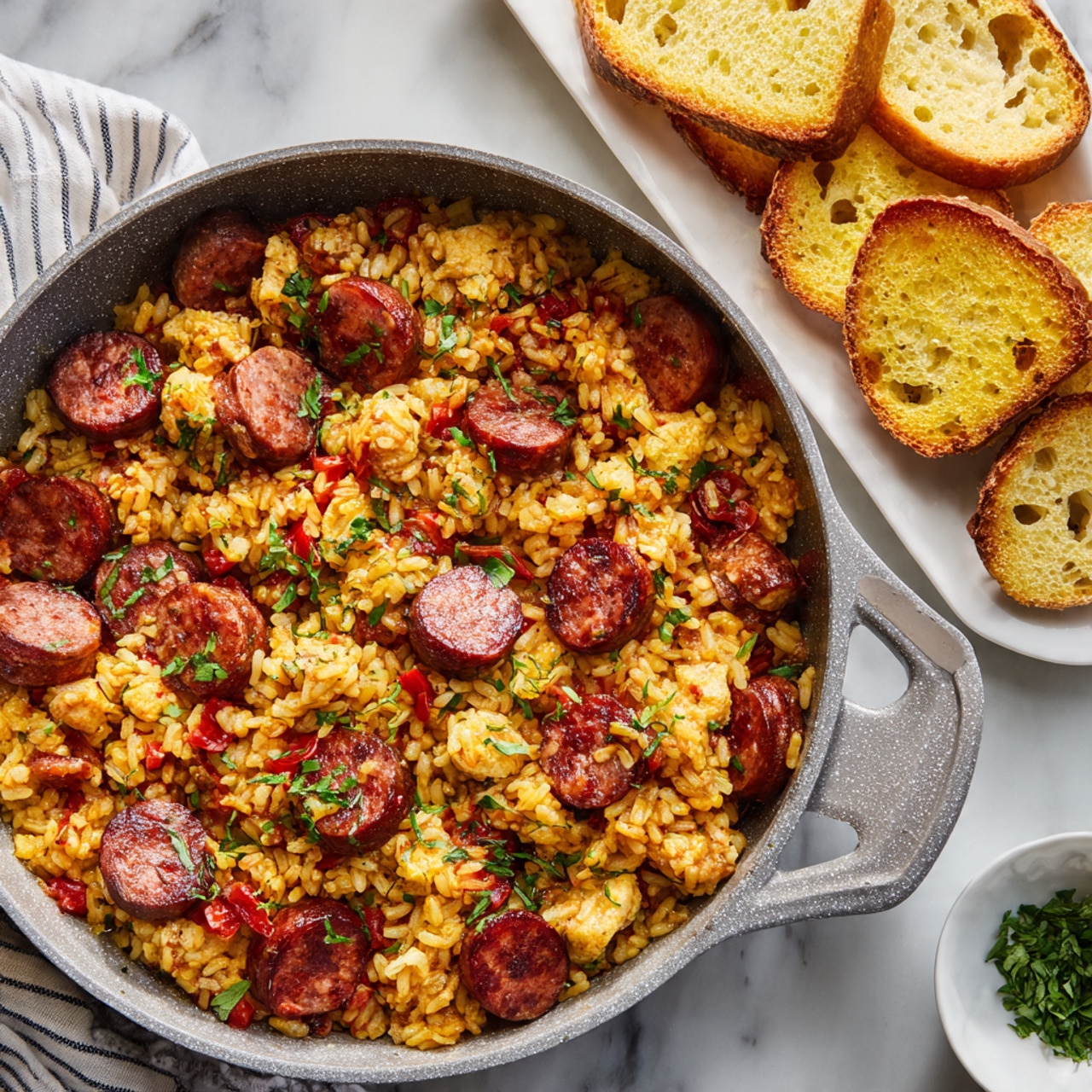 A close-up top view of a gray pan filled with a rice dish that has at least two visible layers: the base layer of yellow-orange colored rice mixed with small bits of red and green vegetables and herbs, and the top layer of sliced reddish-brown sausage pieces and light brown chicken chunks scattered evenly. Next to the pan is a white rectangular plate filled with several slices of toasted bread that are golden yellow on top, showing a texture with small holes. The setup is on a white marbled surface, with part of a striped cloth napkin and a small white bowl containing green herbs also visible nearby. Photo taken with an iphone --ar 4:5 --v 7