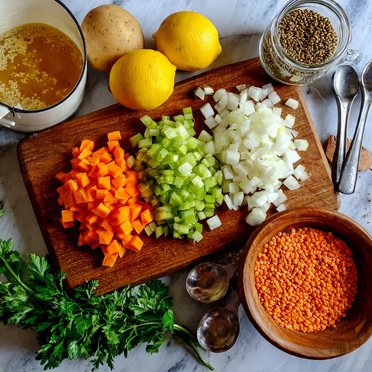 The image shows a wooden cutting board with three layers of ingredients at the top: diced orange carrots on the left, chopped green celery in the middle, and white diced onions on the right. Behind the onions are two whole yellow lemons. To the right of the lemons is an open glass jar with brown seeds, next to two metal measuring spoons. Below the cutting board, on a white marbled surface, are a few parsley leaves and scattered red lentils, with a brown bowl filled with red lentils placed near the center. To the bottom left is a light brown potato and a bubble-filled orange liquid in a measuring cup. A wooden spoon is at the bottom left and part of a white pot is visible on the right side. Photo taken with an iphone --ar 4:5 --v 7