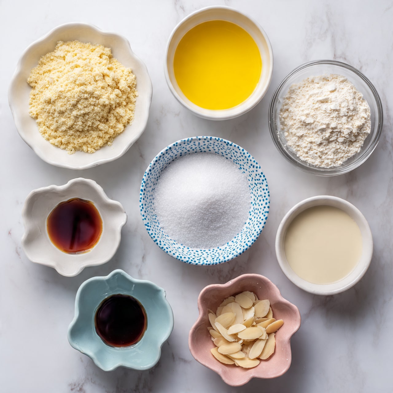 The image shows eight small white dishes placed on a white marbled surface. The top left dish contains a light yellow powder labeled almond flour, which looks fine and crumbly. To the right, a small white bowl holds a bright yellow liquid labeled vegan butter, smooth and glossy. Below the almond flour, a round white bowl is filled with white granulated sugar, fine and even. Next to the vegan butter, a transparent bowl contains white flour piled softly. At the bottom left, two tiny white bowls hold dark brown vanilla extract and clear almond extract, both liquid and shiny. In the center, a white bowl with a blue dotted pattern contains sliced almonds, thin and light beige. To the right, a light blue small scalloped bowl is filled with a cream-colored liquid labeled dairy-free milk. Lastly, a small pink scalloped bowl at the bottom right contains a white powder labeled baking powder. All ingredients are neatly arranged and clearly labeled, photo taken with an iphone --ar 4:5 --v 7