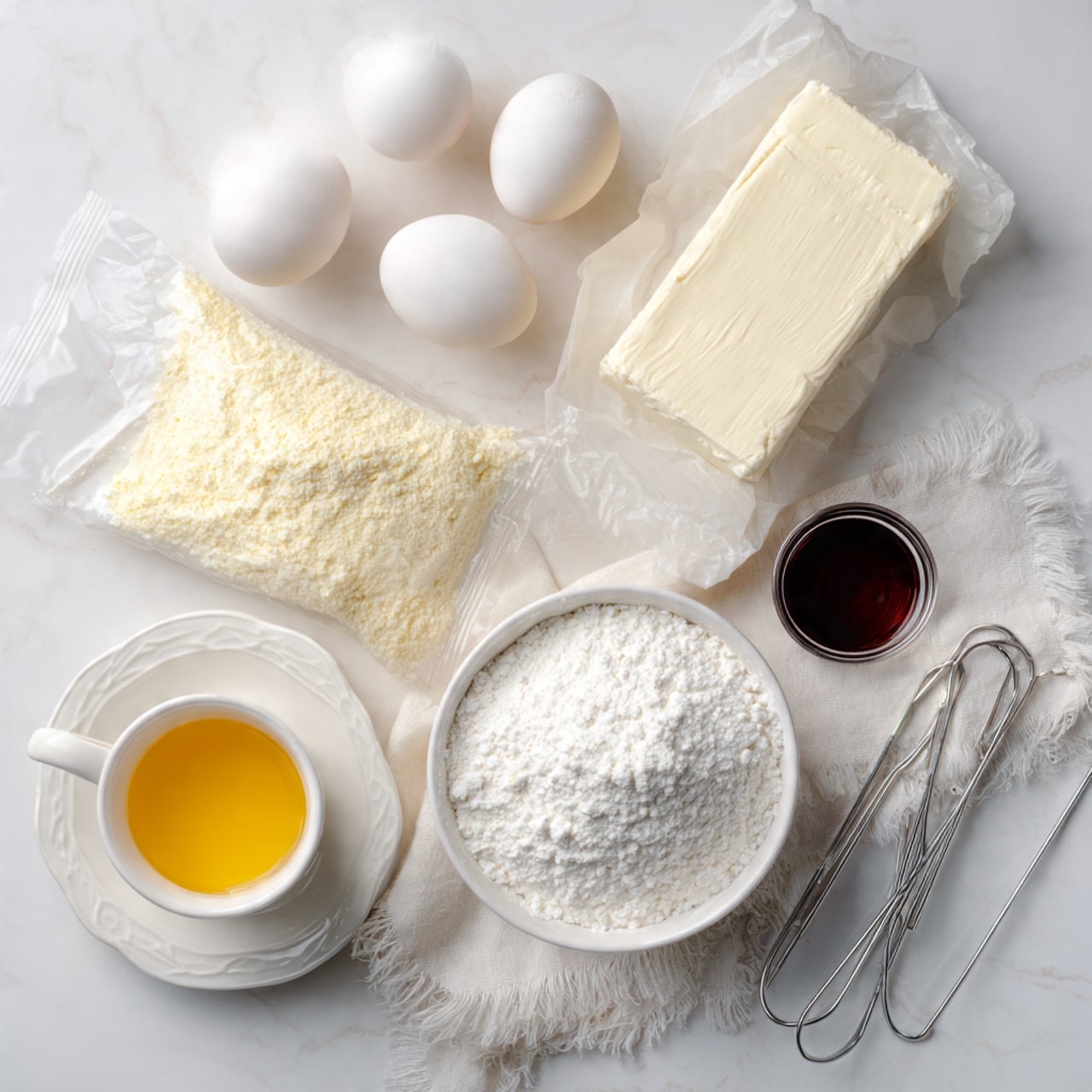 The image shows a white marbled surface with baking ingredients arranged neatly. On the upper left, there are four white eggs placed close together. Next to the eggs, slightly to the right, lies a rectangular block of white cream cheese on a small piece of shiny foil. Below that, a clear plastic bag filled with pale yellow almond flour rests partially on a white cloth with fringed edges. Towards the bottom center, there is a white bowl filled with powdered sugar that looks soft and fluffy. To the left of this bowl, a white cup with a scalloped edge holds bright golden melted butter, sitting on a matching saucer. Next to the cup, a small clear glass container holds a small amount of dark vanilla extract. To the right of the sugar bowl, two clean metal beaters lie on the cloth. The overall arrangement is clean and bright, with soft natural light highlighting the texture of each ingredient. Photo taken with an iphone --ar 4:5 --v 7