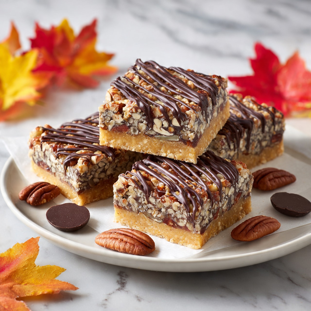 A single square piece of dessert bar sits at the center on a white marbled surface, showing three clear layers: a crumbly light beige base, a sticky amber middle layer, and a top layer packed with chopped pecans covered with thick, dark chocolate drizzle lines across the surface. Around the bar are scattered dark chocolate chips and pecan halves, with a colorful autumn leaf featuring red, yellow, and orange tones placed nearby. There are some crumbs and small bits of chocolate around the dessert bar, adding texture to the scene. Photo taken with an iphone --ar 4:5 --v 7