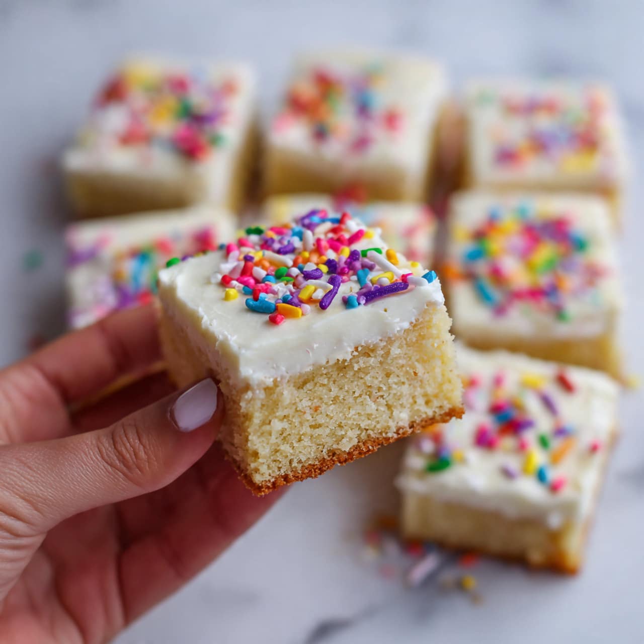 The image shows square-shaped vanilla blondies arranged closely on a white marbled surface. Each piece has two clear layers: the bottom layer is a light golden, soft, and slightly crumbly blondie base, while the top layer is thick, smooth white frosting spread evenly. Bright, colorful sprinkles in red, yellow, blue, green, purple, and pink are scattered across the frosting, adding a playful touch. One blondie square is slightly lifted and held by a woman's hand, showing the thickness of both layers clearly. Photo taken with an iphone --ar 4:5 --v 7