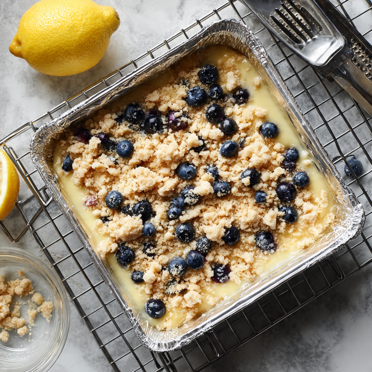 A close-up top view of a square baking pan lined with aluminum foil, filled with a dessert that has three visible layers: at the bottom, a creamy pale yellow layer with whole blueberries embedded in it, followed by a topping of uneven chunks of light crumbly dough scattered across the surface. The pan sits on a metal cooling rack over a white marbled texture surface, next to a lemon, a long grater, and a clear glass bowl with a fork resting inside. Photo taken with an iphone --ar 4:5 --v 7