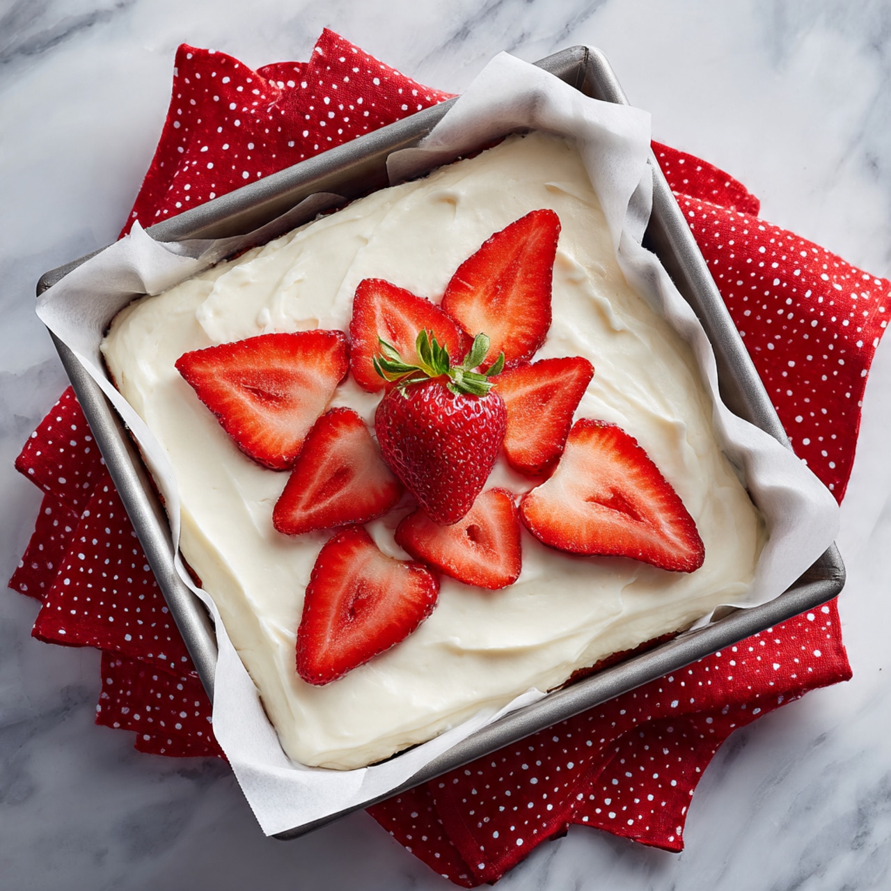 A square baking pan lined with white paper holds a dessert with a thick layer of smooth, white cream spread evenly on top. This cream layer is decorated with several bright red strawberry slices arranged neatly, and one whole strawberry stands upright at the center as the focal point. The pan sits on a surface covered by a white marbled texture, and a red cloth with small white dots is partially underneath and behind the pan, adding a pop of color. Photo taken with an iphone --ar 4:5 --v 7