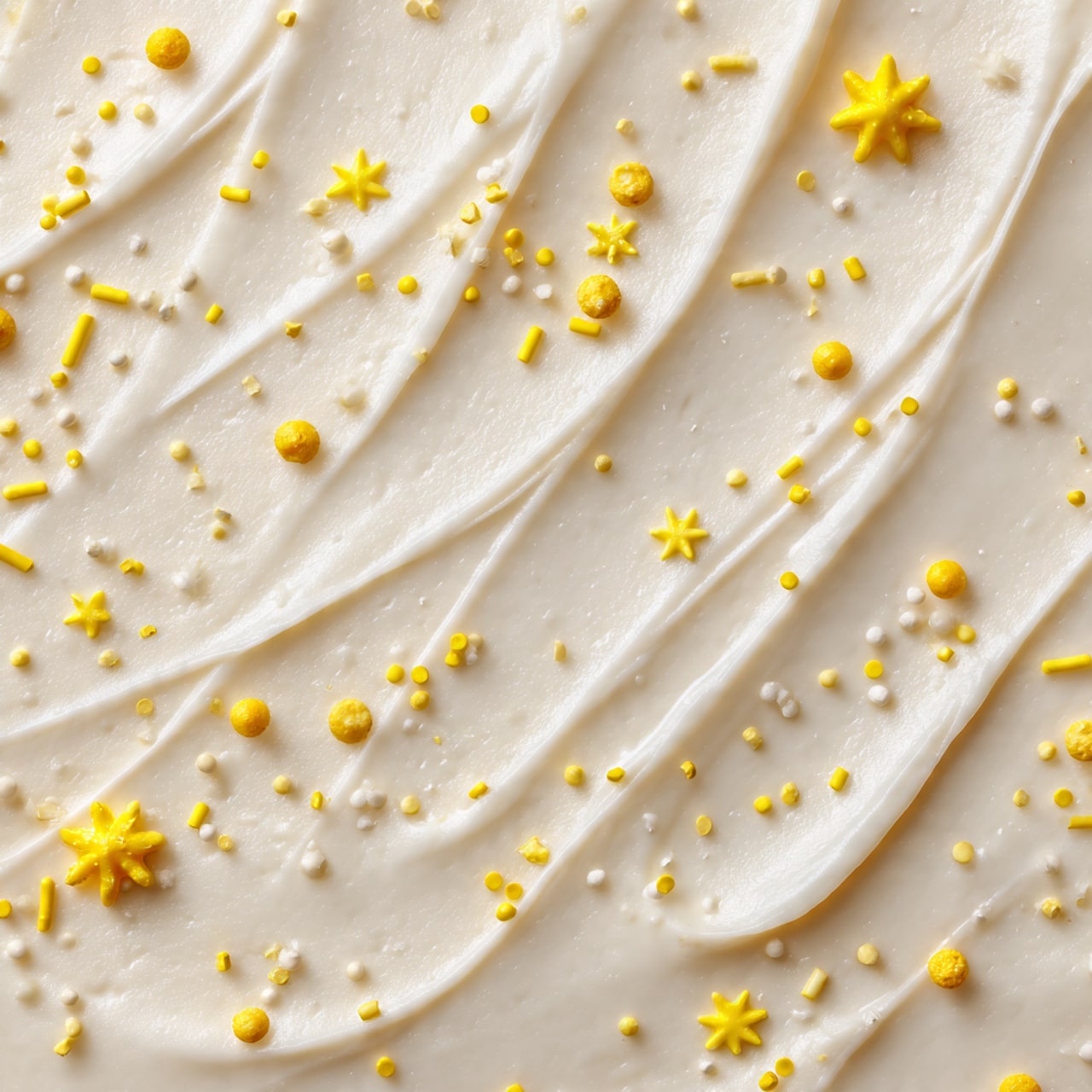 The image shows a close-up view of a smooth, white frosting surface with subtle wave-like textures. Scattered across the frosting are small yellow sprinkles in various shapes, including tiny round dots, thin sticks, and star shapes. The yellow decorations are spread unevenly, creating a playful contrast against the creamy white frosting. The background features a white marbled texture. photo taken with an iphone --ar 4:5 --v 7
