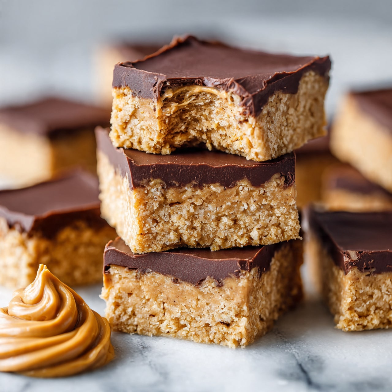 The image shows several square pieces of peanut butter bars stacked in three uneven piles on a white marbled surface. Each piece has two layers: a thick bottom layer with a light golden brown, crumbly texture, and a thin top layer coated with smooth, dark brown chocolate. One piece on the top center has a bite taken out of it, revealing the soft inside of the bottom layer. A small dollop of creamy peanut butter in a smooth, swirled shape sits near the top left corner of the frame. The overall lighting highlights the contrast between the creamy peanut butter layer and the shiny chocolate layer. Photo taken with an iphone --ar 4:5 --v 7