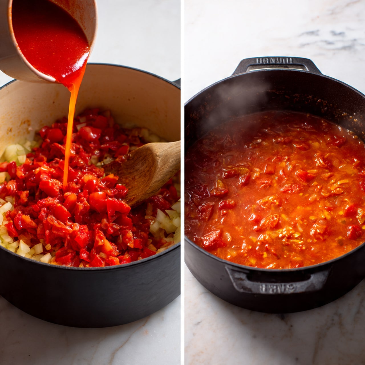 The image shows two side-by-side views of a cooking pot with tomato sauce in progress. On the left, a close-up of the pot shows a base layer of diced light-colored onions and garlic, topped with a thick layer of whole diced bright red tomatoes and some red tomato paste at the bottom; a red sauce is being poured in from above, and a wooden spoon is inside the pot to mix the ingredients. On the right, the pot contains a simmering sauce, with a bright to deep red-orange liquid base with visible bits of diced tomatoes and onion floating, with steam rising softly from the surface. The pot is black on the outside and seen on a white marbled surface photo taken with an iphone --ar 4:5 --v 7