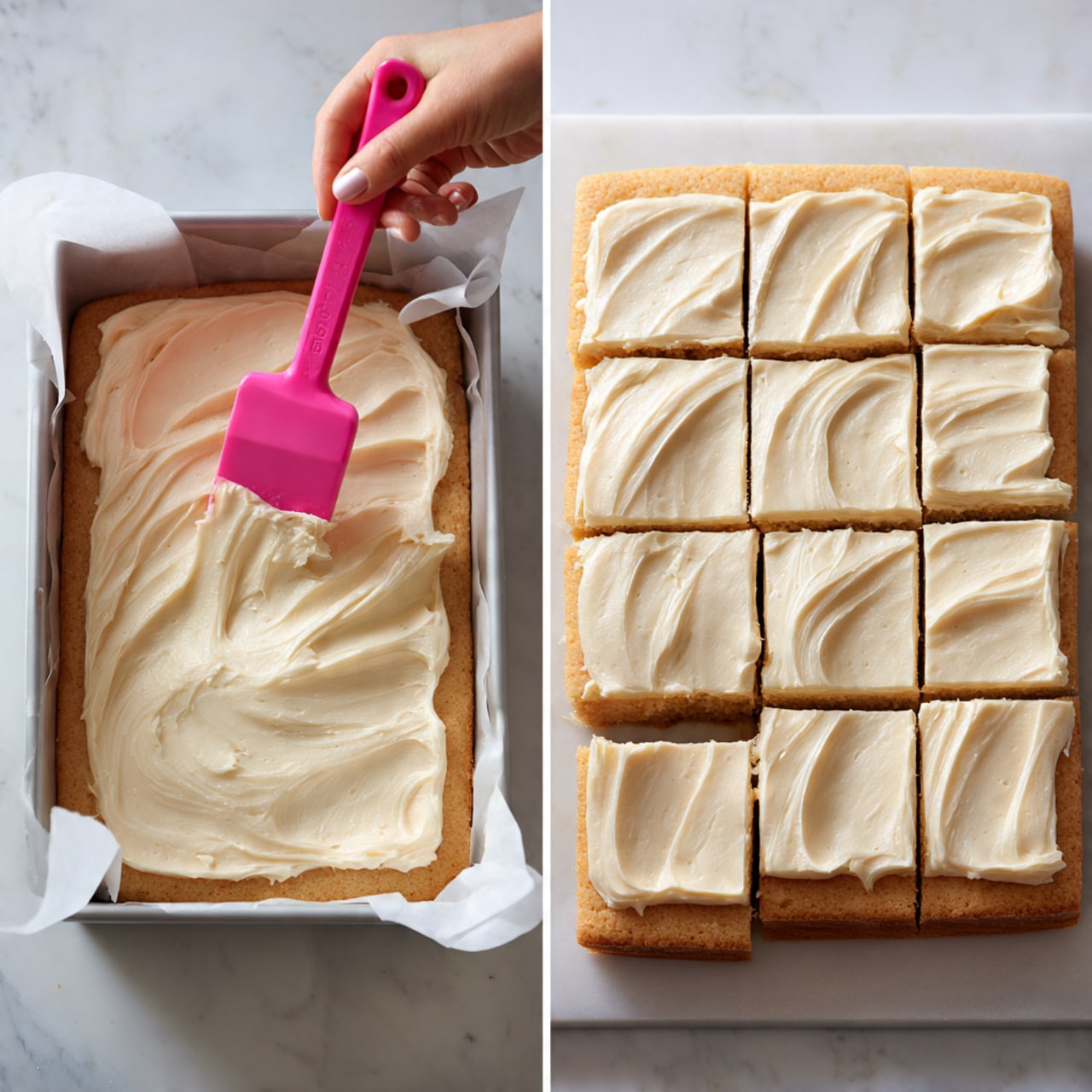The image shows a two-part scene of a dessert preparation. On the left side, there is a rectangular cake pan lined with white parchment paper, filled with a light brown cake base. A thick layer of creamy, off-white frosting is being spread in smooth, swirling motions on top of the cake using a bright pink spatula held by a woman's hand. On the right side, the frosted cake is placed on a white marbled surface, cut into 24 even square pieces, each showing a thick, creamy frosting layer on top of the light brown cake base, with smooth texture and clean edges. Photo taken with an iphone --ar 4:5 --v 7