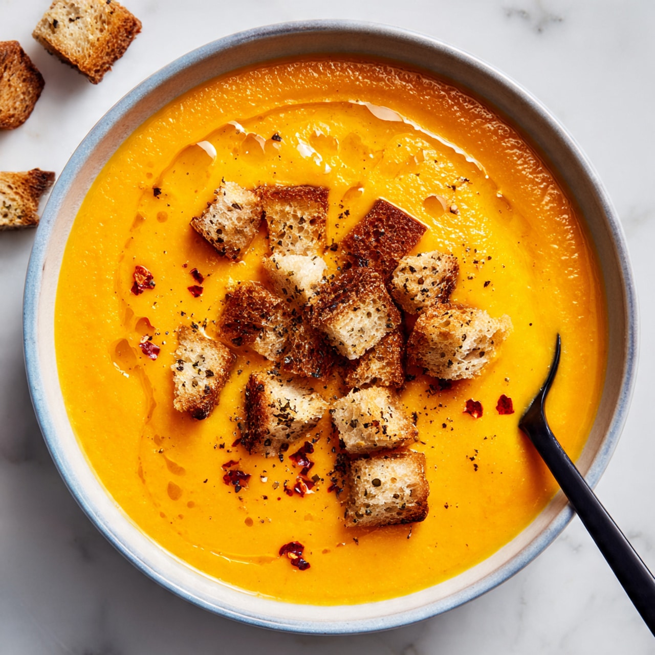 A bowl filled with smooth, bright orange creamy soup forms the first layer, topped with a handful of toasted golden brown croutons scattered in the center, some showing a crisp texture with slight browning. A few small dark red chili flakes are sprinkled on top, and a thin drizzle of oil creates a shiny layer over the soup’s surface. A black spoon dips into the soup near the edge of the bowl. The bowl itself is white with a subtle light blue rim, placed on a white marbled surface with a few crouton pieces scattered around. Photo taken with an iphone --ar 4:5 --v 7