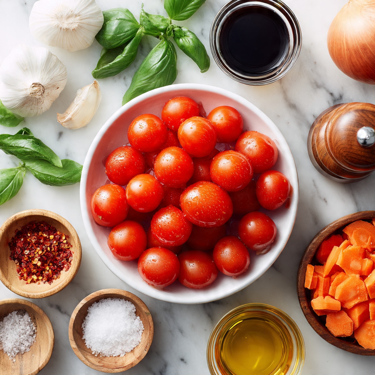 A white bowl holds a pile of bright red Roma tomatoes, placed on a white marbled surface. Around the bowl are fresh green basil leaves scattered on the left, cloves of garlic in the top left corner, and an onion near the top center. To the right of the onion is a small clear bowl with dark soy sauce and a wooden pepper grinder. Below the tomatoes, a small wooden bowl contains red chili flakes, another wooden bowl holds white salt, and a small glass container with golden olive oil is in the bottom center. A clear bowl with sliced orange carrots is near the top center, between the onion and tomatoes. The overall image has a clean and fresh look, photo taken with an iphone --ar 4:5 --v 7