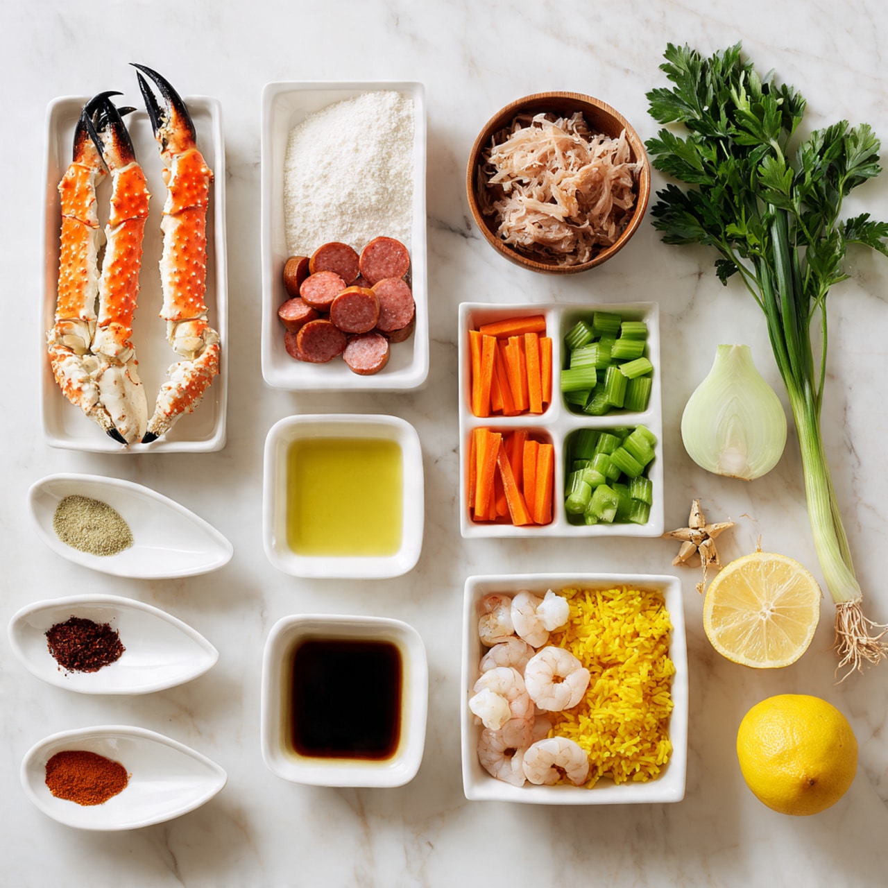 A deep white pot filled with thick dark brown gumbo soup with a glossy surface. The soup has visible layers of seafood and sausage pieces: red and black crab claw, a large pale pink shrimp, and round slices of brown sausage spread through the soup. Small chunks of orange carrots and green vegetables float throughout the rich broth. A gray ladle with a wooden handle lifts a bright shrimp and a large red crab claw from the center, highlighting the thick and hearty texture of the soup. The pot sits on a white marbled surface with a small bowl of green greens partially visible above the pot. Photo taken with an iphone --ar 4:5 --v 7