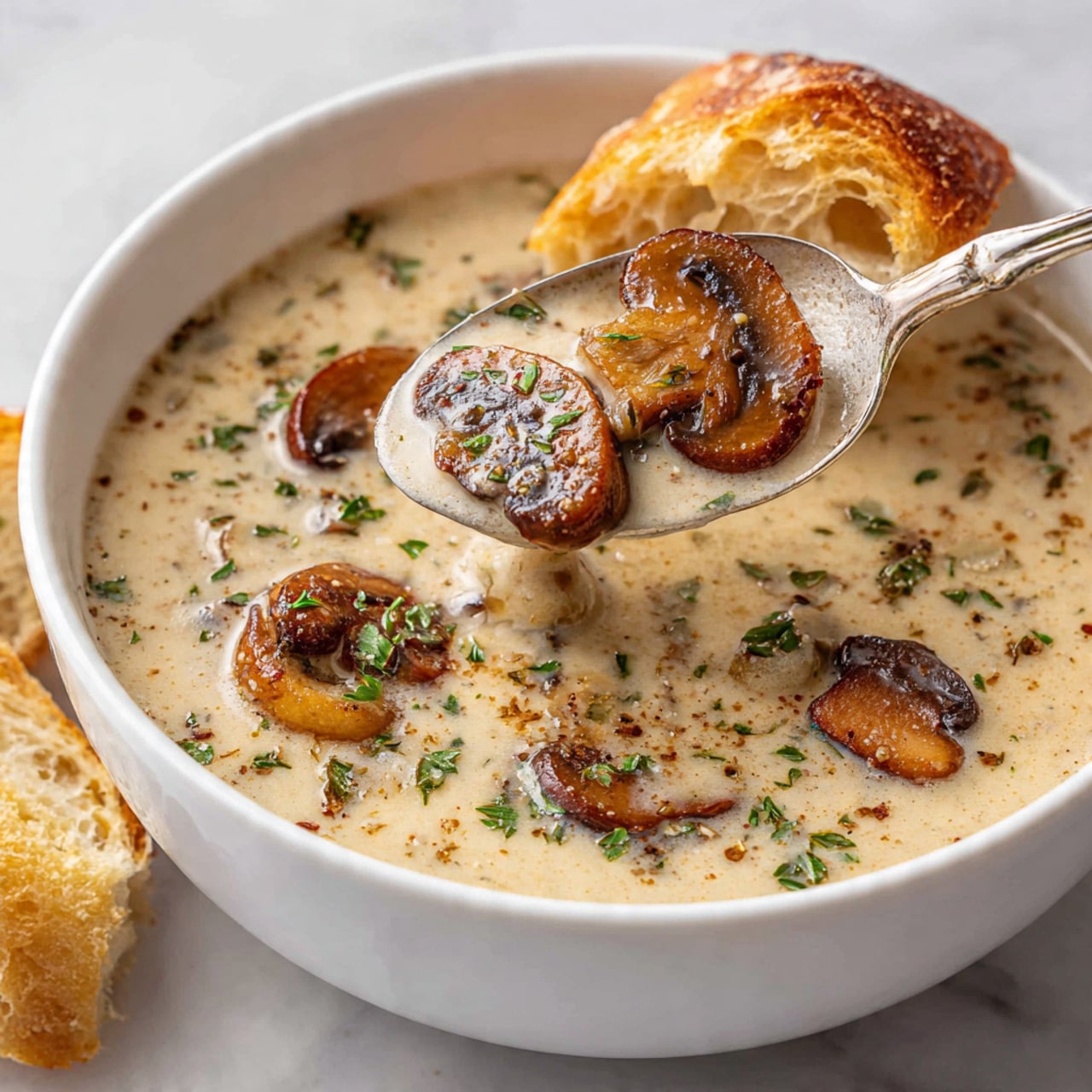 A shiny silver pot filled with creamy mushroom soup sits on a white marbled surface. The soup is light beige with visible small slices of brown mushrooms evenly spread throughout. The soup has a smooth texture with tiny herbs and spices scattered within, giving it a slightly speckled look. The pot has two rounded handles on each side, catching the light and highlighting the clean, reflective surface. Photo taken with an iphone --ar 4:5 --v 7