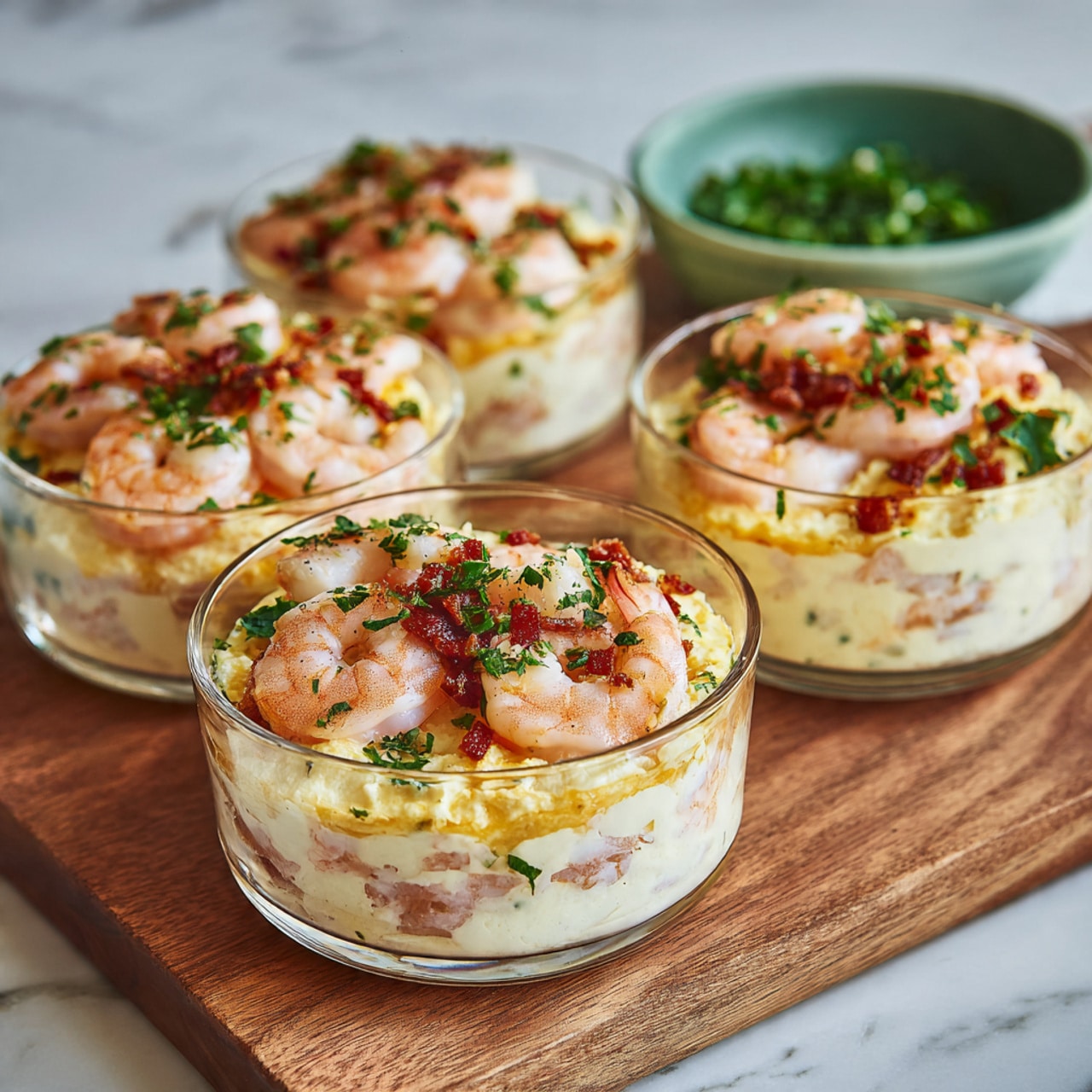 Four clear glass bowls hold a layered shrimp dish. The bottom layer is creamy and pale yellow, topped with pinkish cooked shrimp scattered evenly. Small pieces of red bits and green parsley leaves are sprinkled over the shrimp, adding color contrast. The bowls sit on a wooden surface beside a white marbled background and a small green bowl filled with more chopped greens. The shrimp look juicy and soft, and the creamy layer underneath appears smooth and rich. photo taken with an iphone --ar 4:5 --v 7