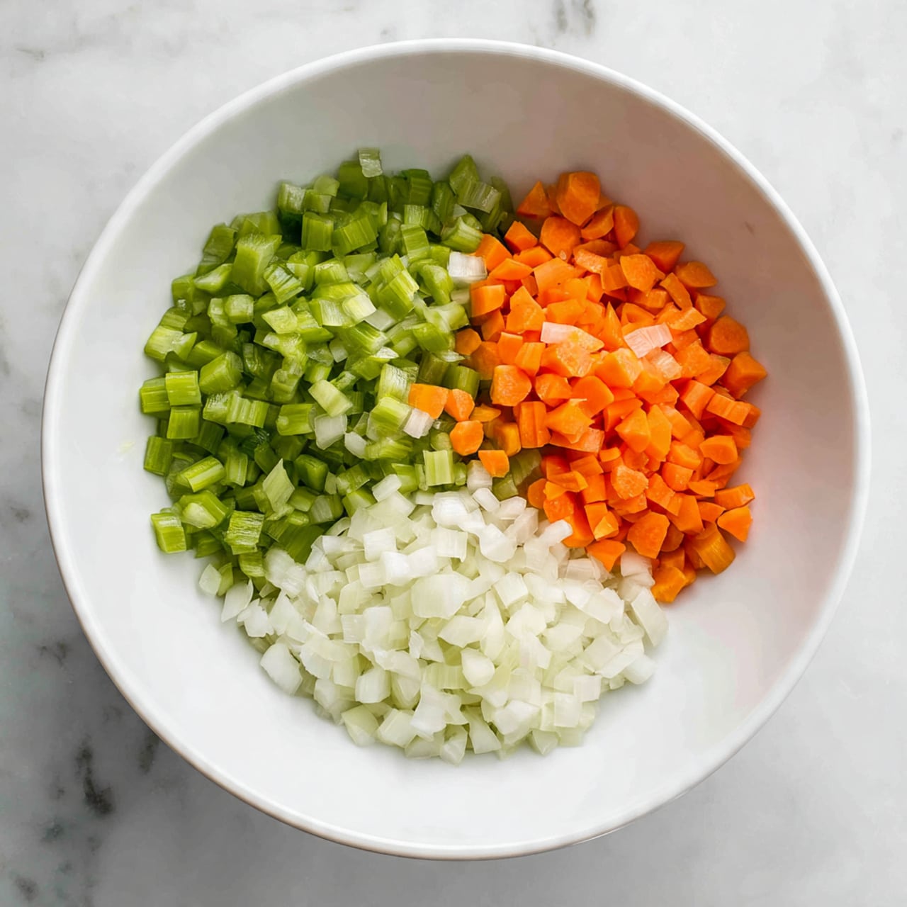 A white bowl contains three neat piles of finely chopped vegetables, each pile taking up about one-third of the bowl. The top-left pile is bright green celery, cut into small cubes with a slightly glossy texture. To the top-right, there is a pile of finely diced bright orange carrots, evenly shaped and smooth. At the bottom, there is a larger pile of finely chopped white onions with a soft, slightly translucent look. The bowl sits on a white marbled surface. photo taken with an iphone --ar 4:5 --v 7