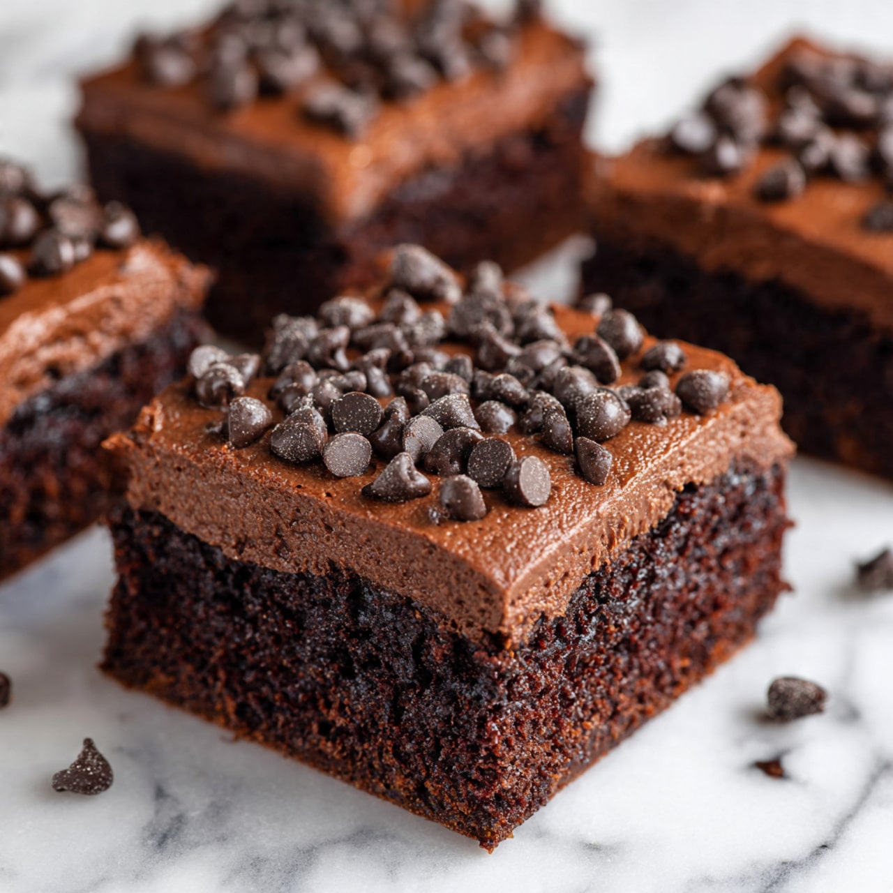 The image shows a close-up view of several chocolate brownies cut into squares and placed side by side. Each brownie has two layers: the bottom layer is dense and dark brown with a slightly rough texture, and the top layer is a smooth chocolate frosting covered in many shiny dark chocolate chips scattered all over. The edges of the brownies are sharp and clean. The background has a white marbled texture. photo taken with an iphone --ar 4:5 --v 7
