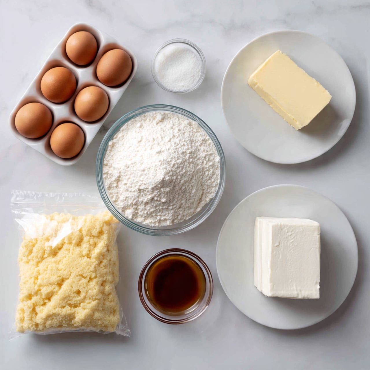 The image shows six ingredients arranged neatly on a white marbled surface. On the top left, a white rectangular dish holds four brown eggs in two rows. To the right, a white round plate holds a stick of pale yellow butter. Below the eggs, a clear glass bowl filled with white powdered confectioners' sugar sits in the middle left. Next to it, on the middle right, a small clear glass bowl contains a brown liquid labeled vanilla extract. At the bottom left, a clear plastic bag holds yellow cake mix with a slightly wrinkled surface. Finally, at the bottom right, a white round plate holds a block of white cream cheese with a smooth texture. photo taken with an iphone --ar 4:5 --v 7