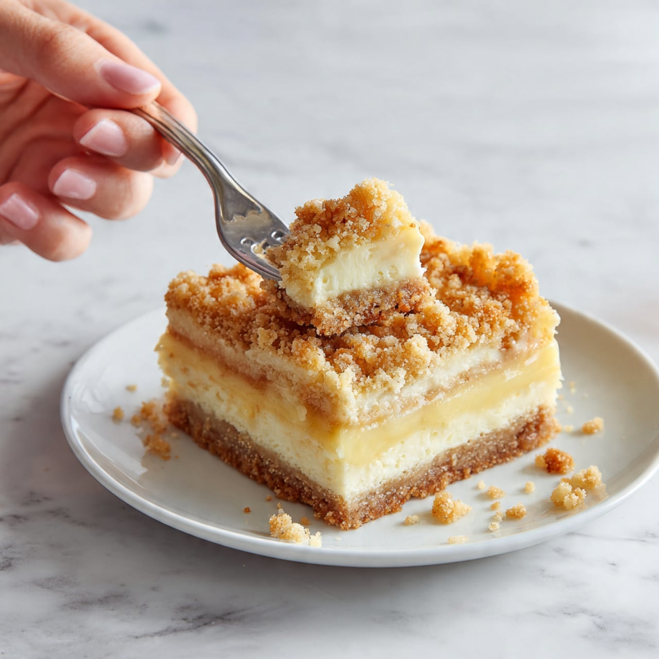 A square slice of crumb-topped dessert is placed on a white plate on a white marbled surface. The dish has three layers: a light brown crumbly base, a smooth thick pale yellow middle layer, and a fluffy golden crumb topping. A woman's hand is holding a fork that is lifting a bite from one corner, showing the crumb texture breaking apart and soft filling inside. Crumbs are scattered around the dessert on the plate. Photo taken with an iphone --ar 4:5 --v 7