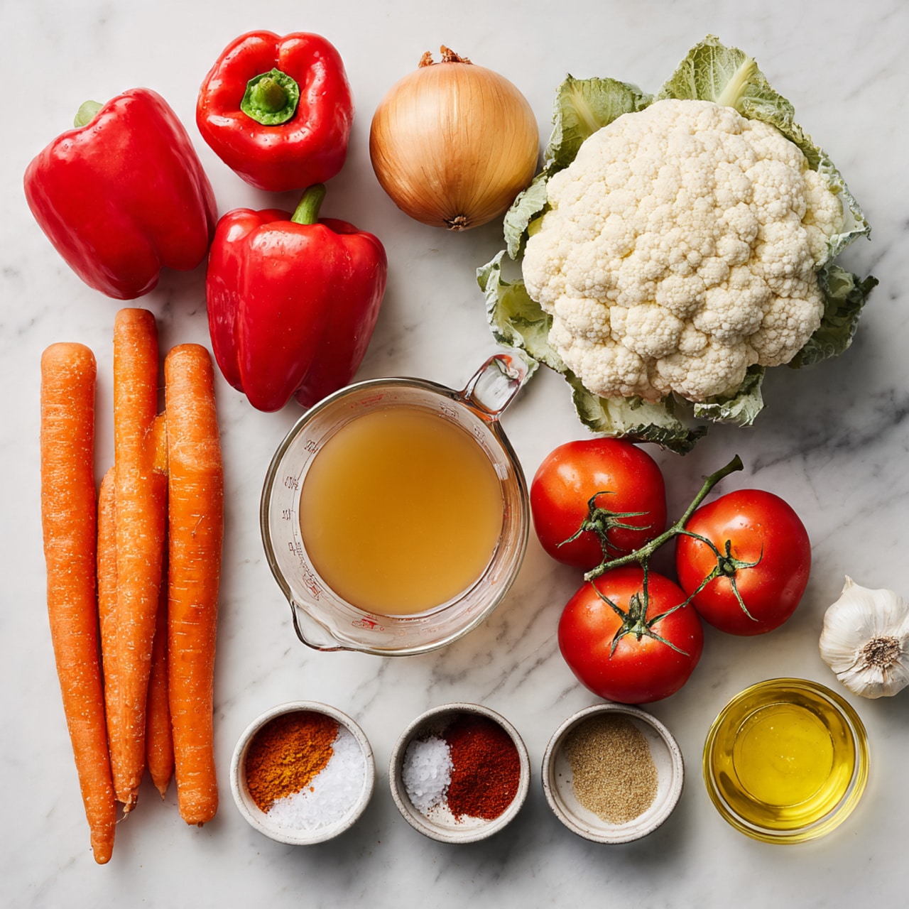 A collection of fresh ingredients is arranged neatly on a white marbled surface. At the top left, three bright red bell peppers with shiny skins are clustered together. Below them, there are four vibrant orange carrots lying side by side. To the right of the carrots, a medium-sized cauliflower with a creamy white surface and light green leaves is placed. Near the center, a large golden-brown onion sits below a clear glass measuring cup filled with light brown broth. To the right, three red tomatoes on the vine rest together with shiny smooth skins. Small bowls with deep colors hold spices: smoked paprika in a deep red shade, cayenne with a slightly lighter red tone, and cumin in a warm brown color, all set in front of the onion. A small bowl of fine white salt and a small glass cup with golden olive oil are also included. At the lower right, a bright yellow lemon adds a burst of color next to the salt bowl. A whole garlic bulb with white papery skin is placed near the top right. The image is bright and crisp with clean lighting. photo taken with an iphone --ar 4:5 --v 7