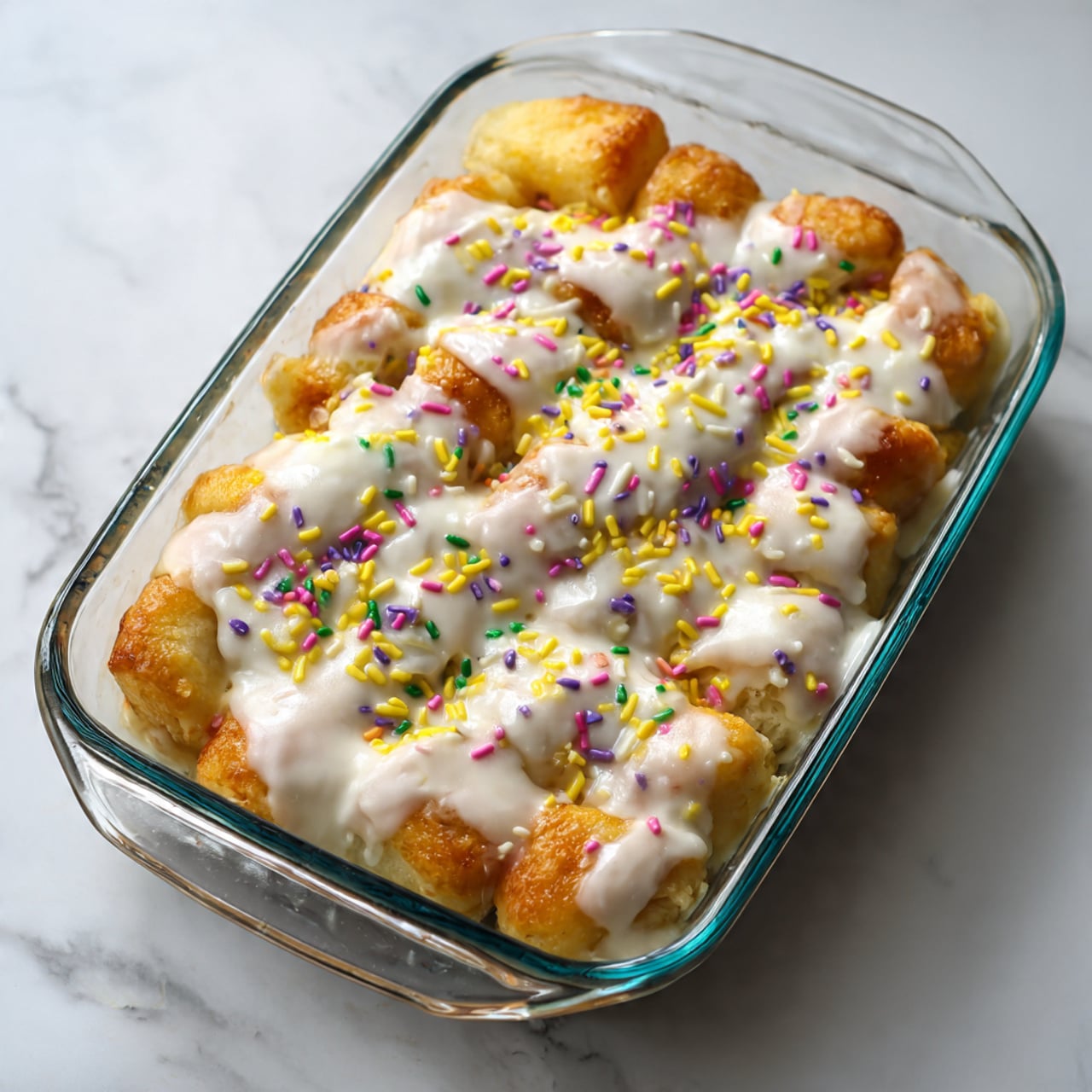 The image shows a glass baking dish filled with a layered dessert. The bottom layer is made of golden brown baked dough pieces with a slightly crispy texture. These dough pieces are covered with a thick white glaze that looks smooth and creamy. On top of the glaze, there are colorful sprinkles scattered in yellow, green, and purple, adding a bright touch to the dessert. The dish sits on a white marbled surface, and the whole scene looks bright and clean. Photo taken with an iphone --ar 4:5 --v 7