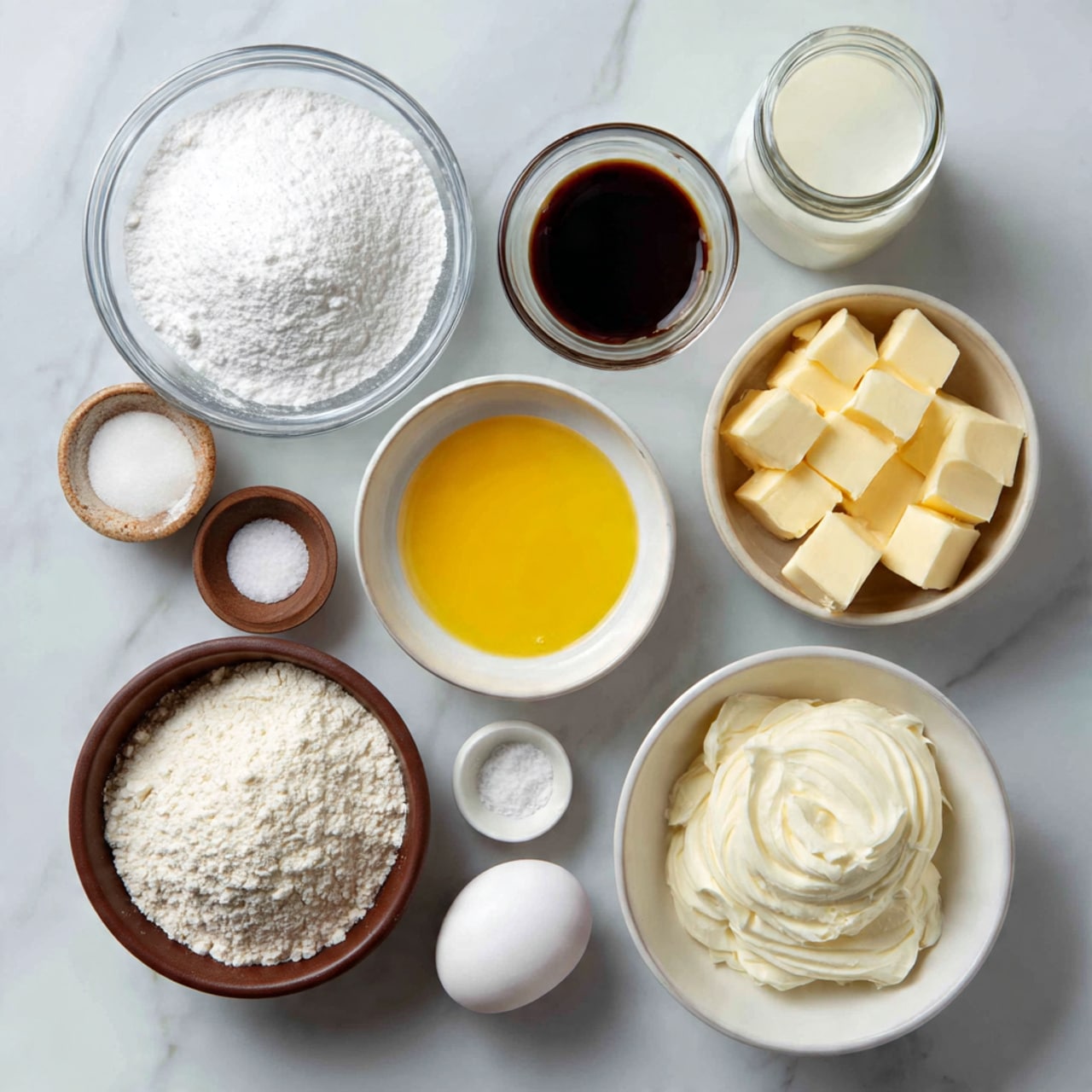The image shows various baking ingredients placed neatly on a white marbled surface. Starting from the left, there is a clear glass bowl filled with white powdered sugar, next to it a small clear glass jar with milk, and a small white bowl with dark brown vanilla extract. Near the center, a small white bowl holds bright yellow melted butter, and beside it, a small white bowl contains a white powder labeled baking powder. A brown bowl at the bottom center contains white granulated sugar. To the right, a white bowl is filled with pale flour, and above it, a white bowl holds creamy sour cream. A single white egg rests in a small brown dish, and next to it, small cubes of pale yellow butter fill a white bowl. A small white dish with a little salt completes the arrangement. All items are arranged with clear spacing and are well lit, showing textures and colors clearly. Photo taken with an iphone --ar 4:5 --v 7