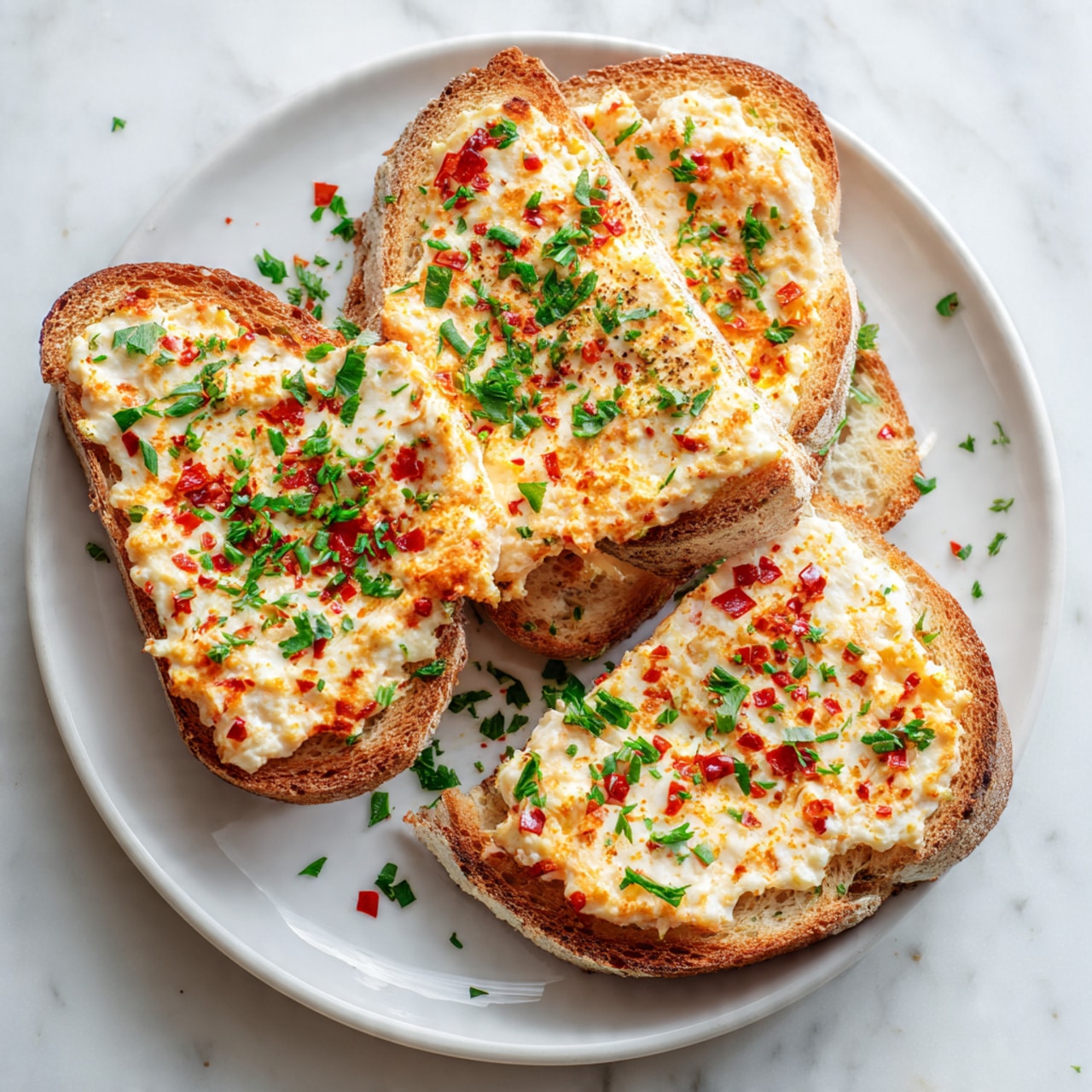 The image shows pieces of toast topped with a creamy, orange cheese mixture that has small bits of red pepper and green herbs sprinkled on top. The toast has a light brown crust and a soft inside layer. The cheese mixture looks smooth and rich with a slightly uneven texture from the ingredients mixed in. The pieces of toast are placed on a white plate on a white marbled surface, with some chopped green herbs scattered around for garnish. Photo taken with an iphone --ar 4:5 --v 7