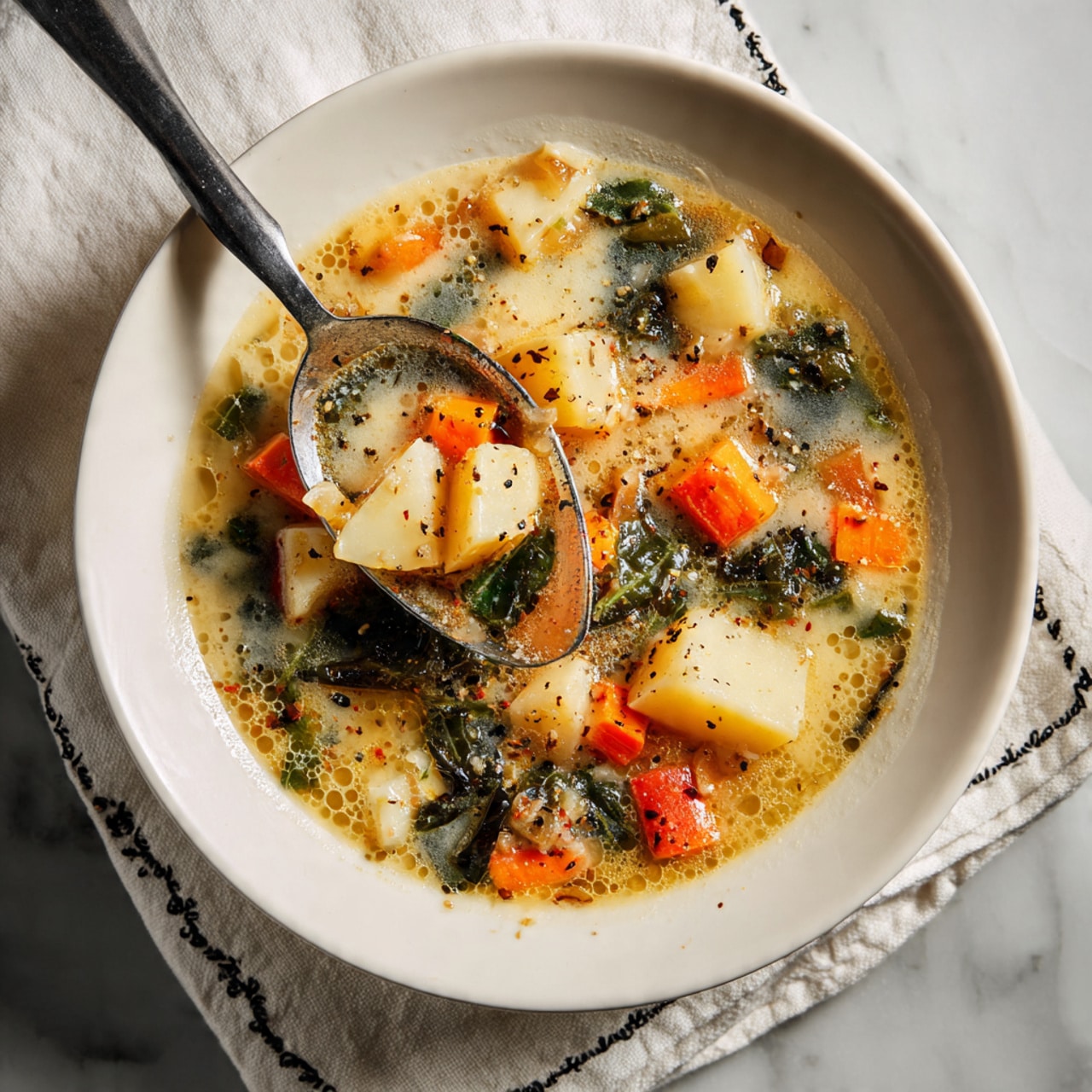Two bowls of thick soup sit on a dark wooden table with a white marbled texture beneath them. Each bowl is white, filled with a creamy broth base with mixed vegetables including orange cubes of carrot, chunks of light-colored potatoes, and leafy dark green kale scattered on top. The soup has a slightly chunky texture with some melted grated cheese in the center of each bowl. The bowls are set on a white cloth napkin that has a delicate black embroidered border. A spoon is holding the edge of the bottom bowl. Photo taken with an iphone --ar 4:5 --v 7