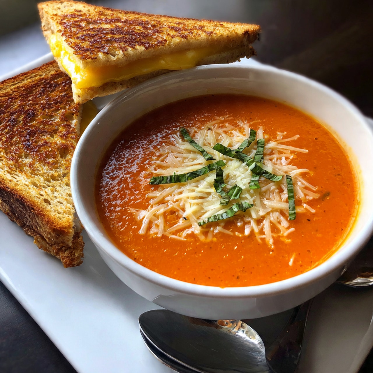 A large white pot filled with smooth, thick tomato soup of bright orange-red color that has a few tiny specks of herbs. A silver ladle is partially submerged in the soup, scooping up a portion, with the soup's surface showing slight texture. Two fresh green basil leaves float on the soup near the ladle. The pot sits on a grey cloth on a white marbled surface. Photo taken with an iphone --ar 4:5 --v 7
