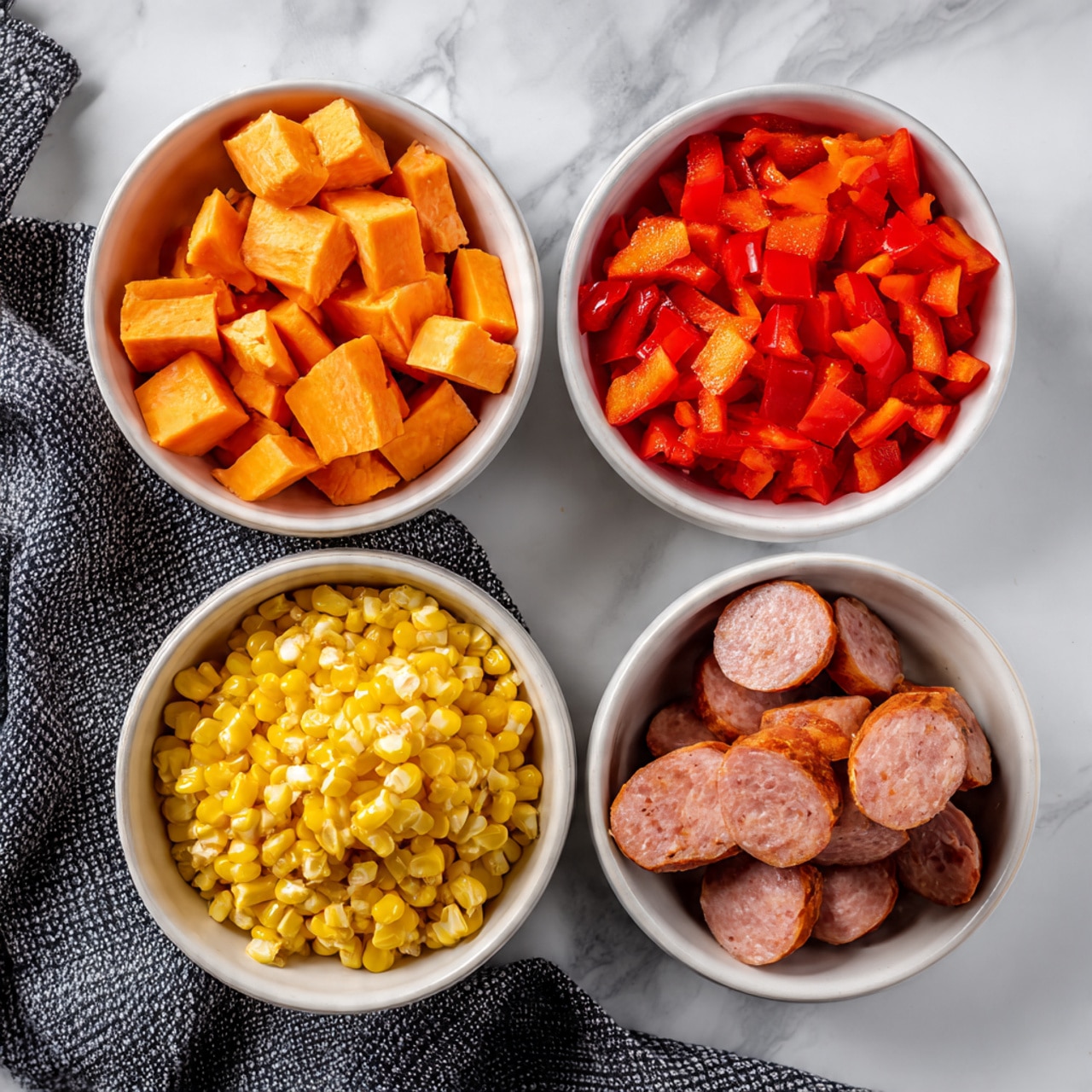 Four white bowls sit on a white marbled surface, each filled with a different ingredient. The top left bowl holds small, cubed orange sweet potatoes with a smooth texture. To the right, a bowl contains bright red chopped bell peppers, with a slightly shiny surface. Below the sweet potatoes, a bowl is filled with yellow corn kernels with a matte look. The bottom right bowl shows slices of brown smoked sausage, with a firm texture and pinkish centers. A textured dark gray cloth lies partially under the corn bowl, adding contrast. Photo taken with an iphone --ar 4:5 --v 7